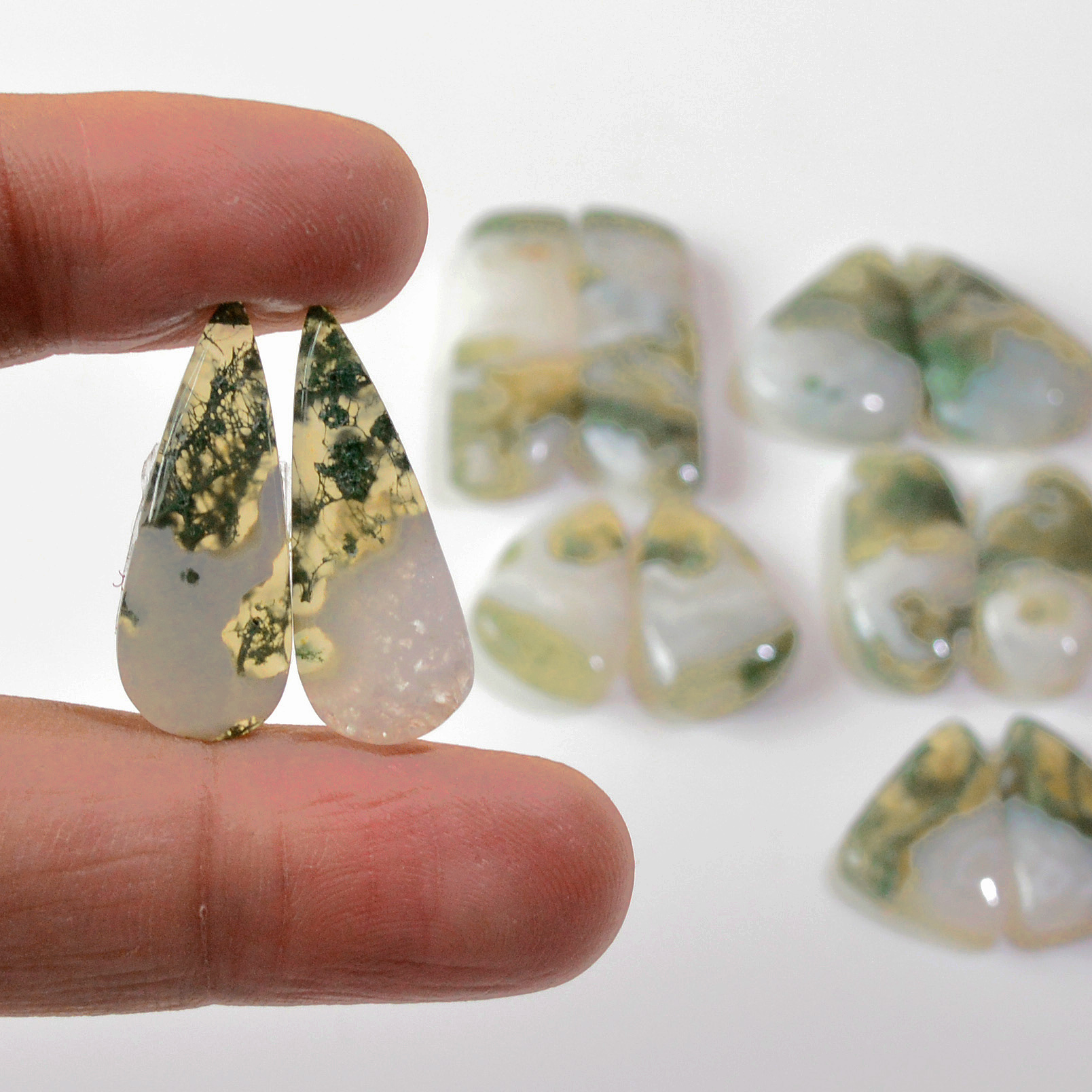 6 Pairs 134 Cts Natural Green Moss Agate Cabochon Gemstone Earrings Pairs Lot 32x8 19x10mm 18754
