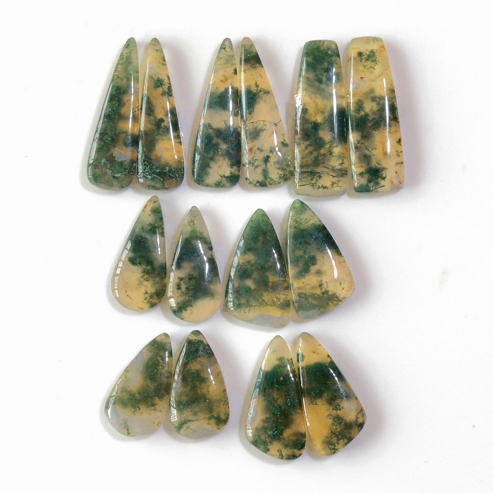 Image of 7 Pairs 122 Cts Natural Green Moss Agate Cabochon Gemstone Earrings Pairs Lot 28x8  18x9mm #18755