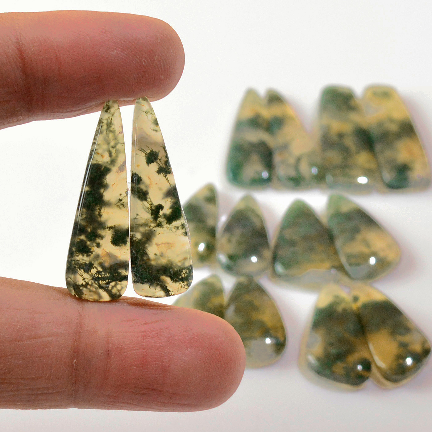 7 Pairs 122 Cts Natural Green Moss Agate Cabochon Gemstone Earrings Pairs Lot 28x8  18x9mm 18755