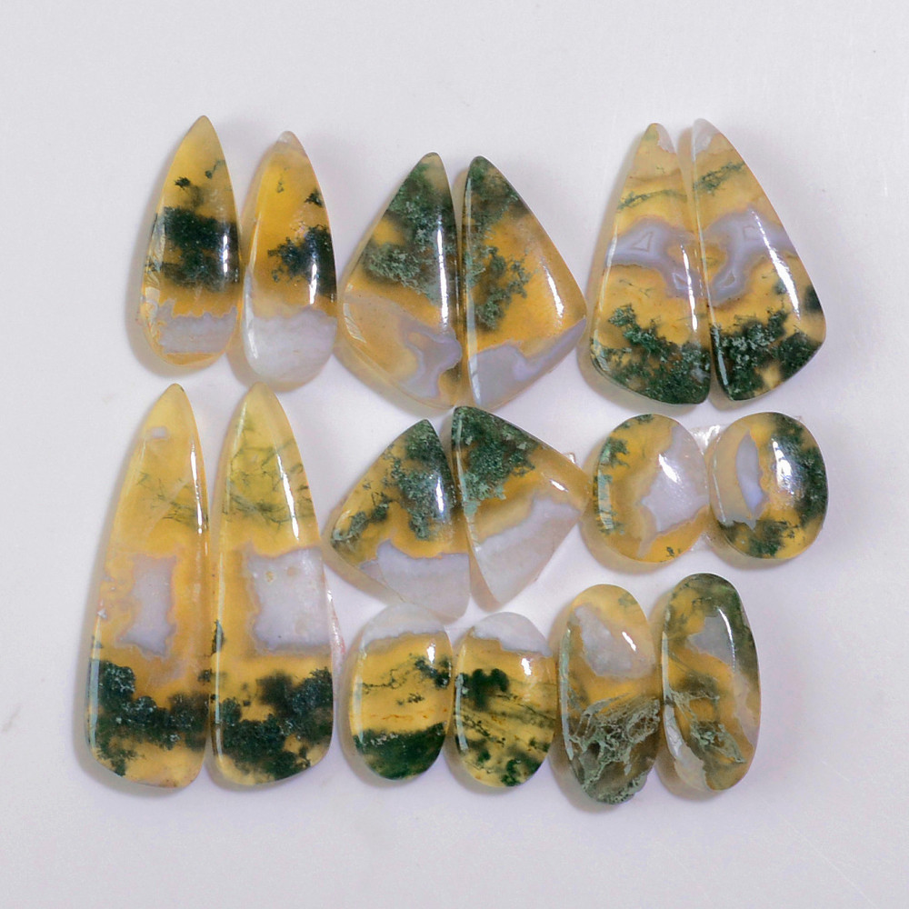 Image of 8 Pairs 156 Cts Natural Green Moss Agate Cabochon Gemstone Earrings Pairs Lot 37x9 12x9mm #18756