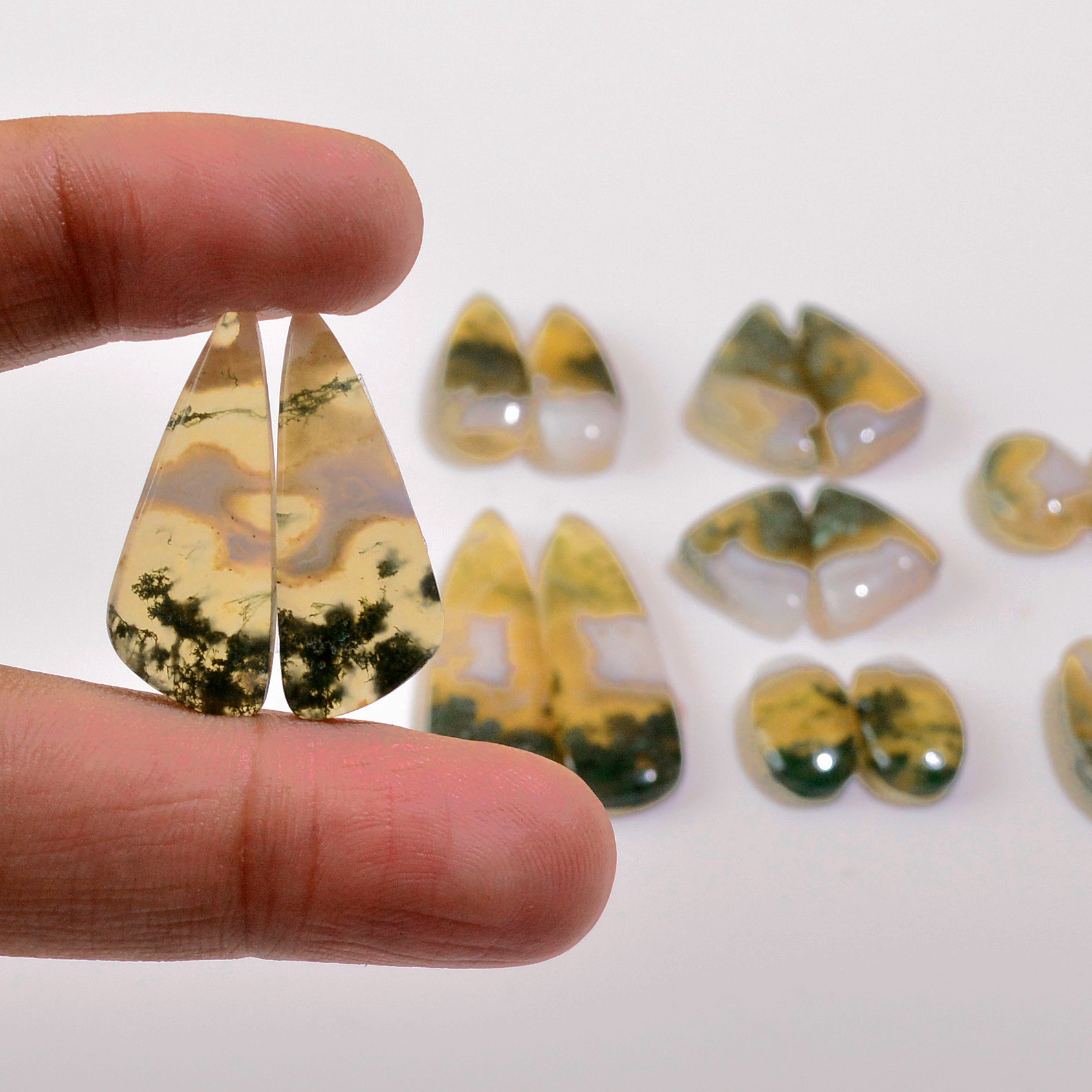 8 Pairs 156 Cts Natural Green Moss Agate Cabochon Gemstone Earrings Pairs Lot 37x9 12x9mm 18756