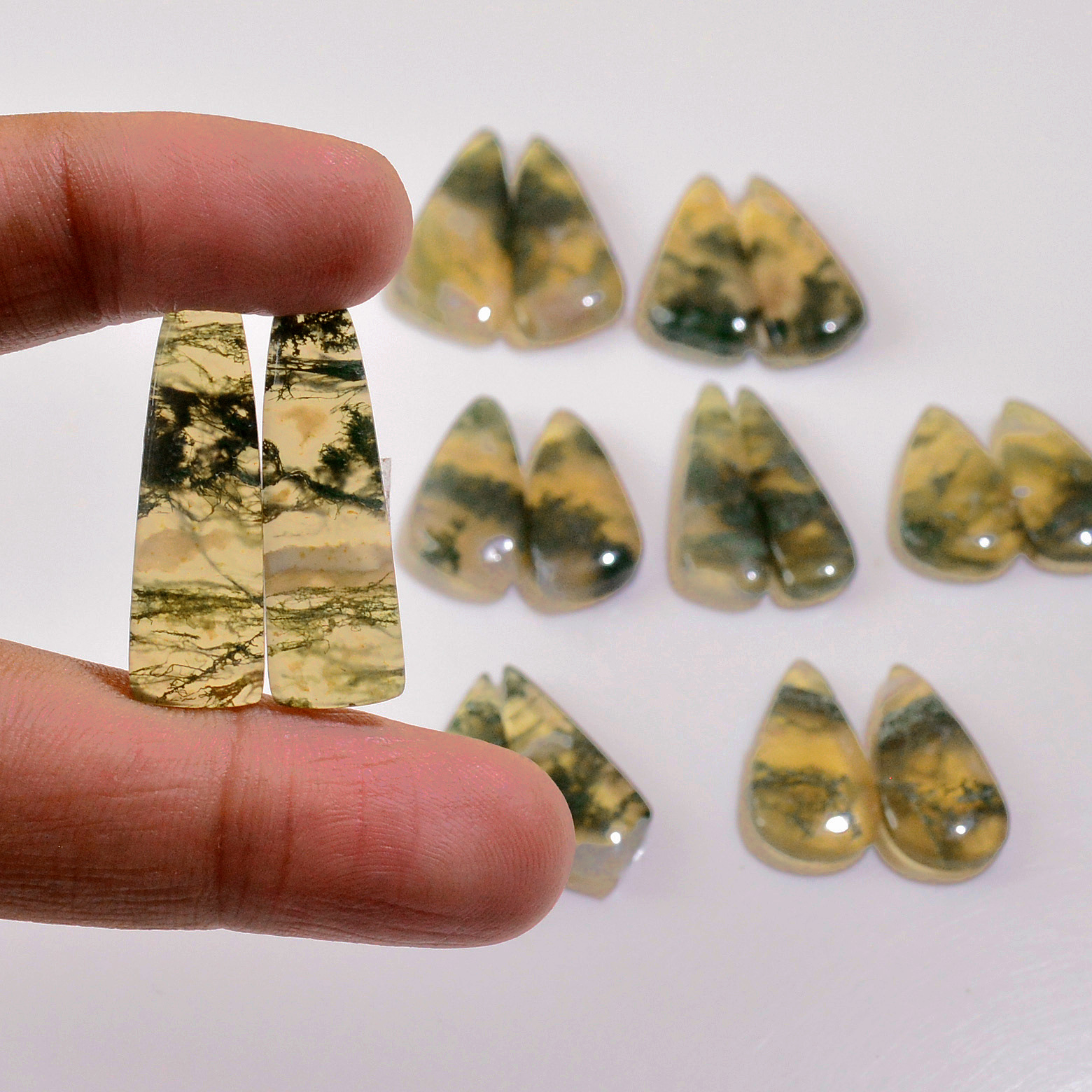 8 Pairs 158 Cts Natural Green Moss Agate Cabochon Gemstone Earrings Pairs Lot 31x11 21x10mm 18757