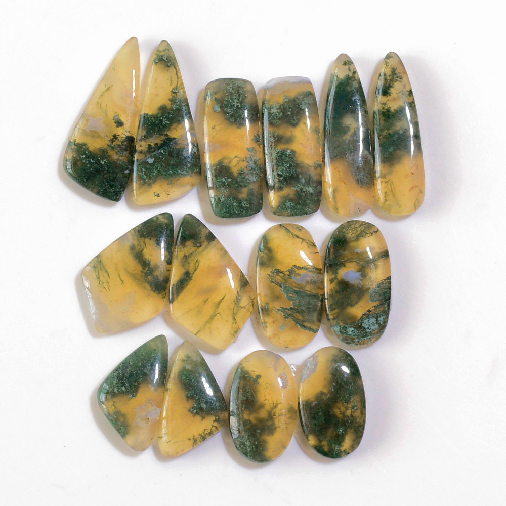 Image of 7 Pairs 133 Cts Natural Green Moss Agate Cabochon Gemstone Earrings Pairs Lot 26x11 17x9mm #18759