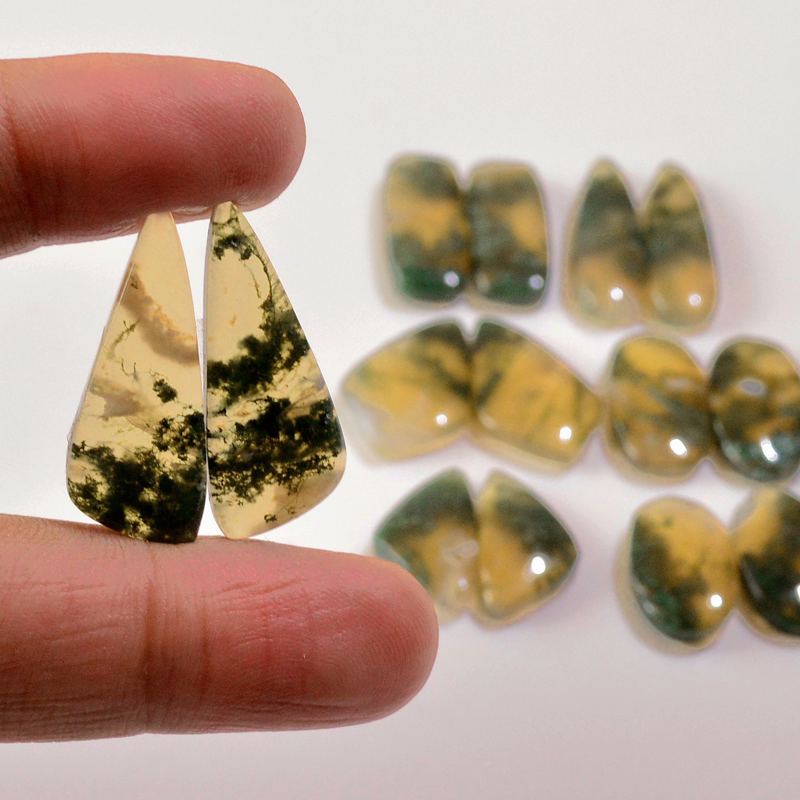 7 Pairs 133 Cts Natural Green Moss Agate Cabochon Gemstone Earrings Pairs Lot 26x11 17x9mm 18759