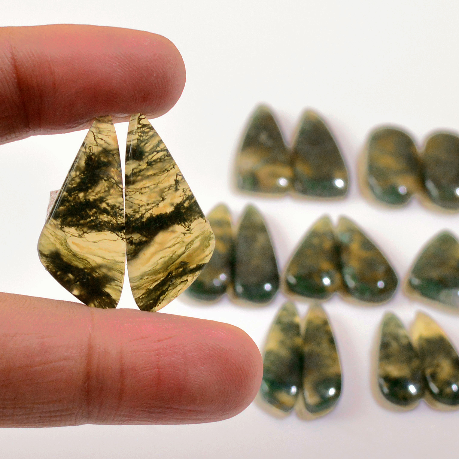 8 Pairs 149 Cts Natural Green Moss Agate Cabochon Gemstone Earrings Pairs Lot 27x10 21x7mm 18760
