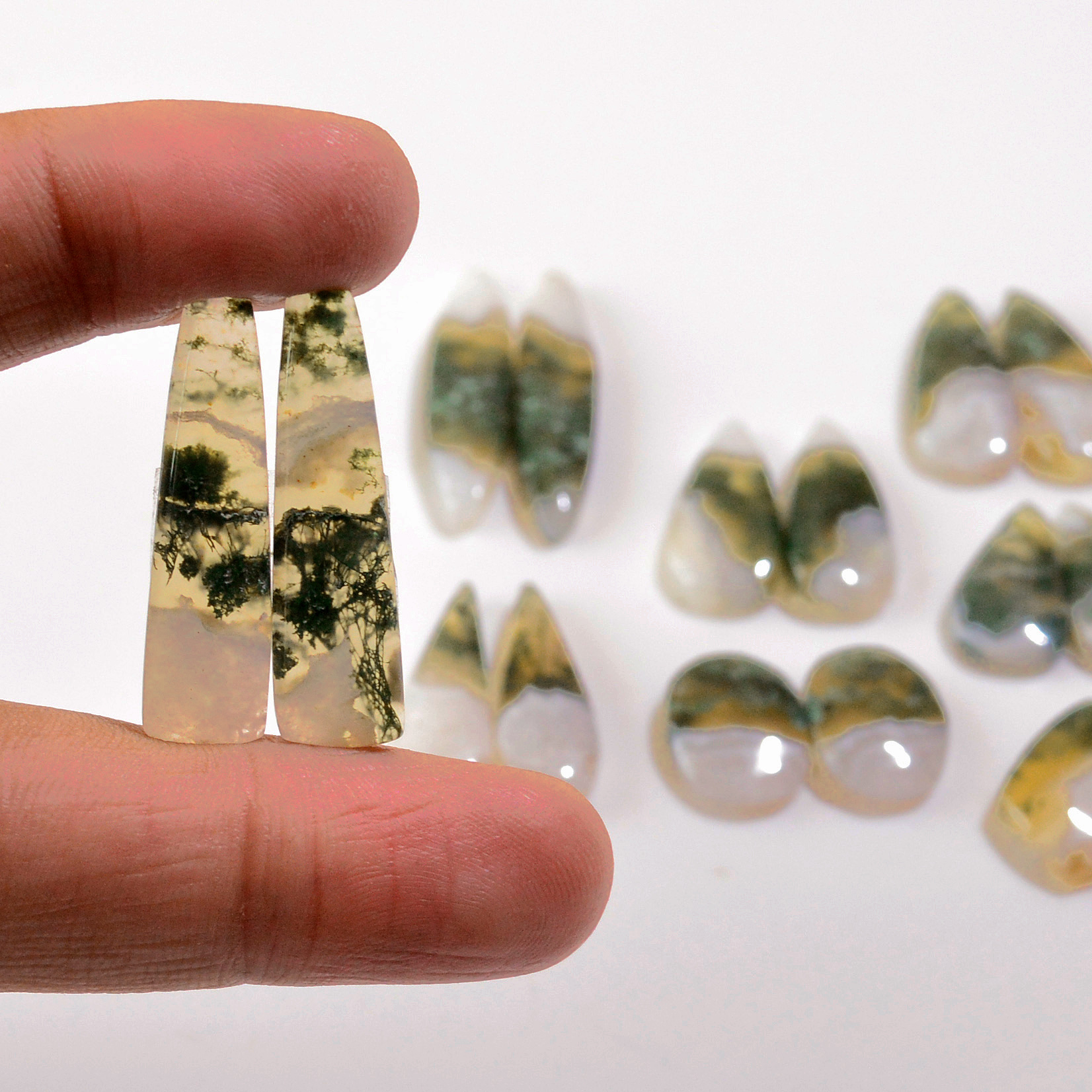8 Pairs 133 Cts Natural Green Moss Agate Cabochon Gemstone Earrings Pairs Lot 34x6 14x10mm 18761