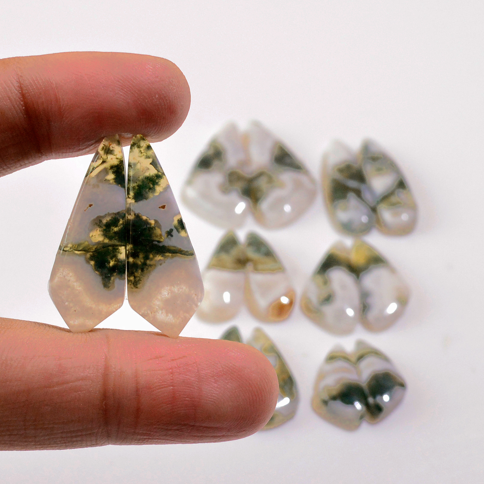 7 Pairs 120 Cts Natural Green Moss Agate Cabochon Gemstone Earrings Pairs Lot 30x12 17x6mm 18762