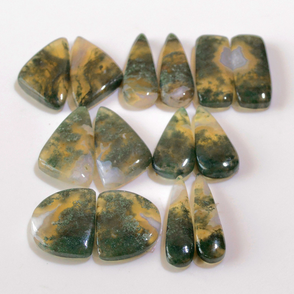Image of 7 Pairs 161 Cts Natural Green Moss Agate Cabochon Gemstone Earrings Pairs Lot 26x12 25x5mm #18764