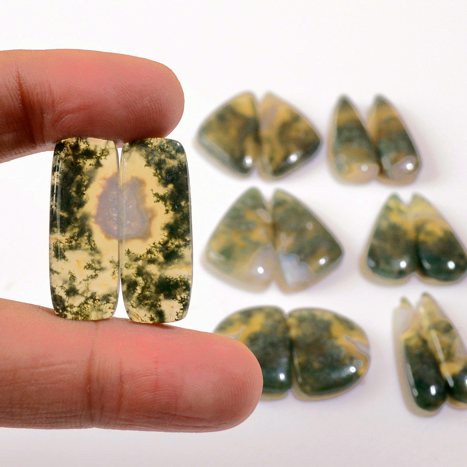 7 Pairs 161 Cts Natural Green Moss Agate Cabochon Gemstone Earrings Pairs Lot 26x12 25x5mm 18764
