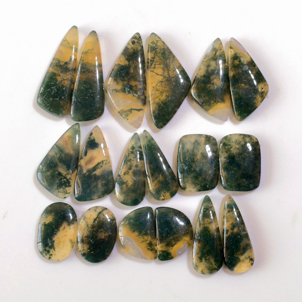 Image of 9 Pairs 170 Cts Natural Green Moss Agate Cabochon Gemstone Earrings Pairs Lot 28x11 16x10mm #18765