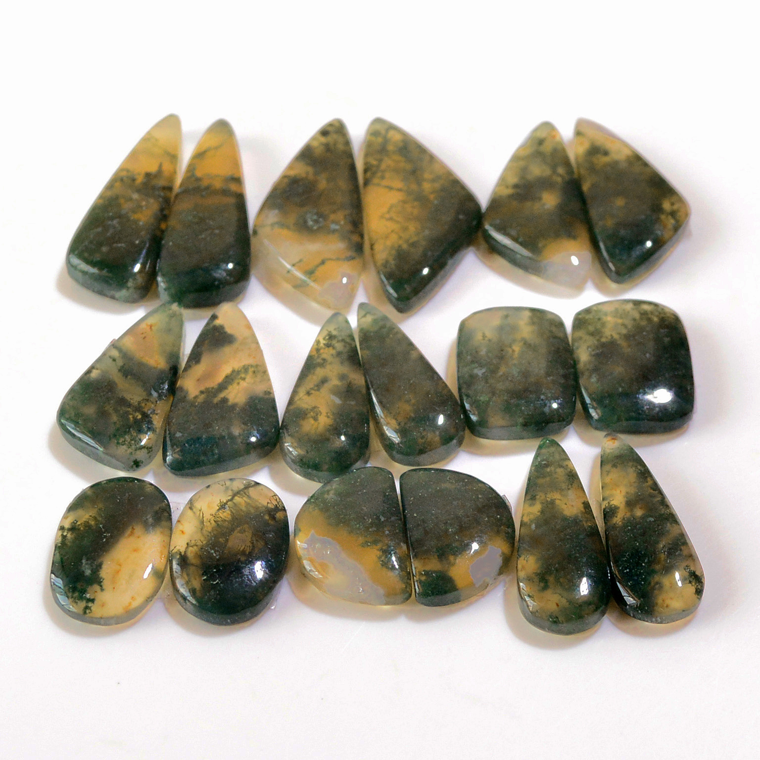 9 Pairs 170 Cts Natural Green Moss Agate Cabochon Gemstone Earrings Pairs Lot 28x11 16x10mm 18765