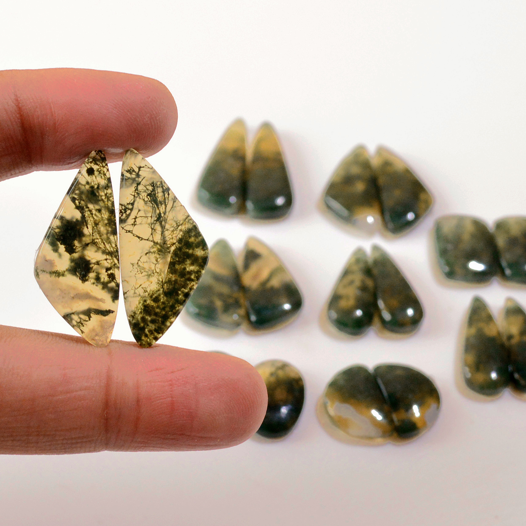 9 Pairs 170 Cts Natural Green Moss Agate Cabochon Gemstone Earrings Pairs Lot 28x11 16x10mm 18765
