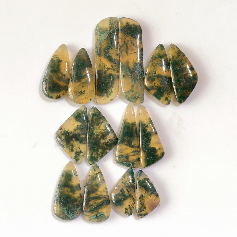 Image of 7 Pairs 142 Cts Natural Green Moss Agate Cabochon Gemstone Earrings Pairs Lot 35x8 18x9mm #18766