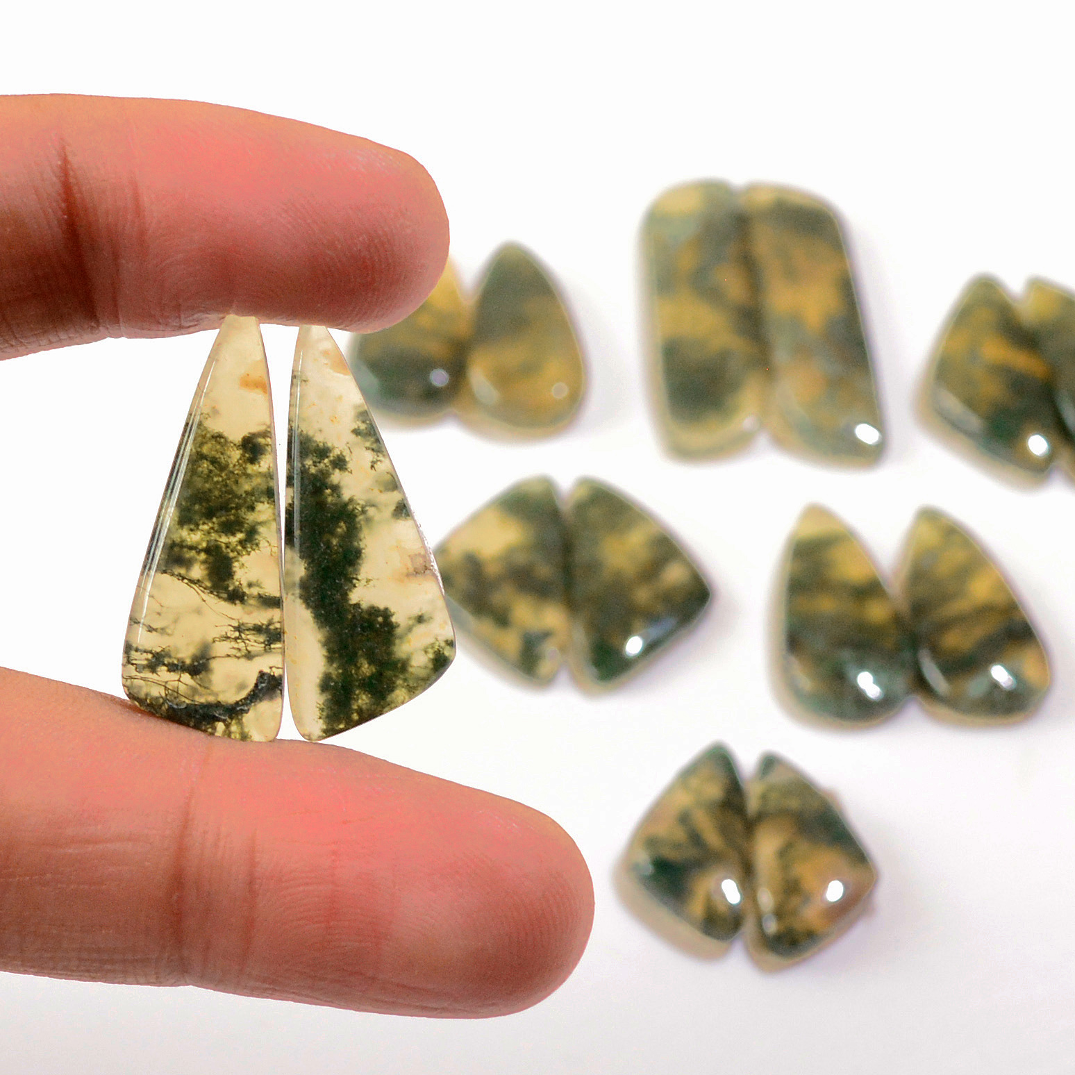 7 Pairs 142 Cts Natural Green Moss Agate Cabochon Gemstone Earrings Pairs Lot 35x8 18x9mm 18766
