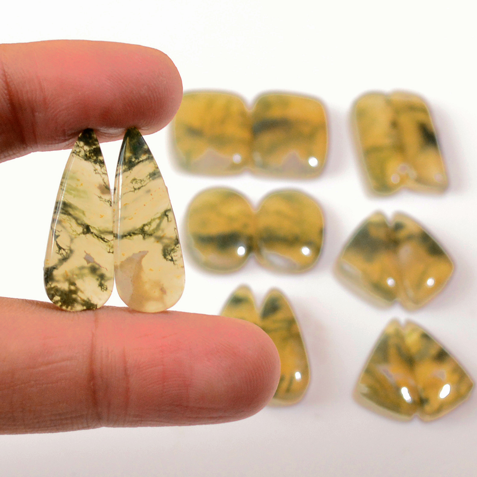 7 Pairs 146 Cts Natural Green Moss Agate Cabochon Gemstone Earrings Pairs Lot 27x6 20x9mm 18767