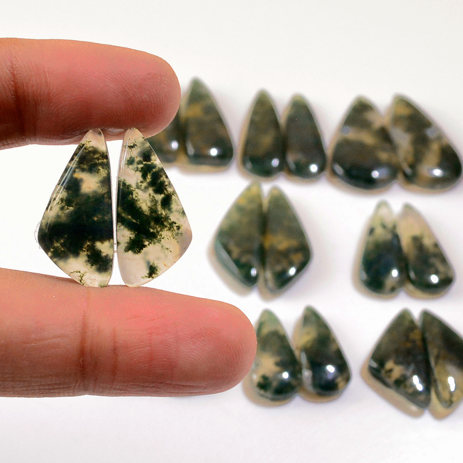 9 Pairs 174 Cts Natural Green Moss Agate Cabochon Gemstone Earrings Pairs Lot 27x13 18x8mm 18769