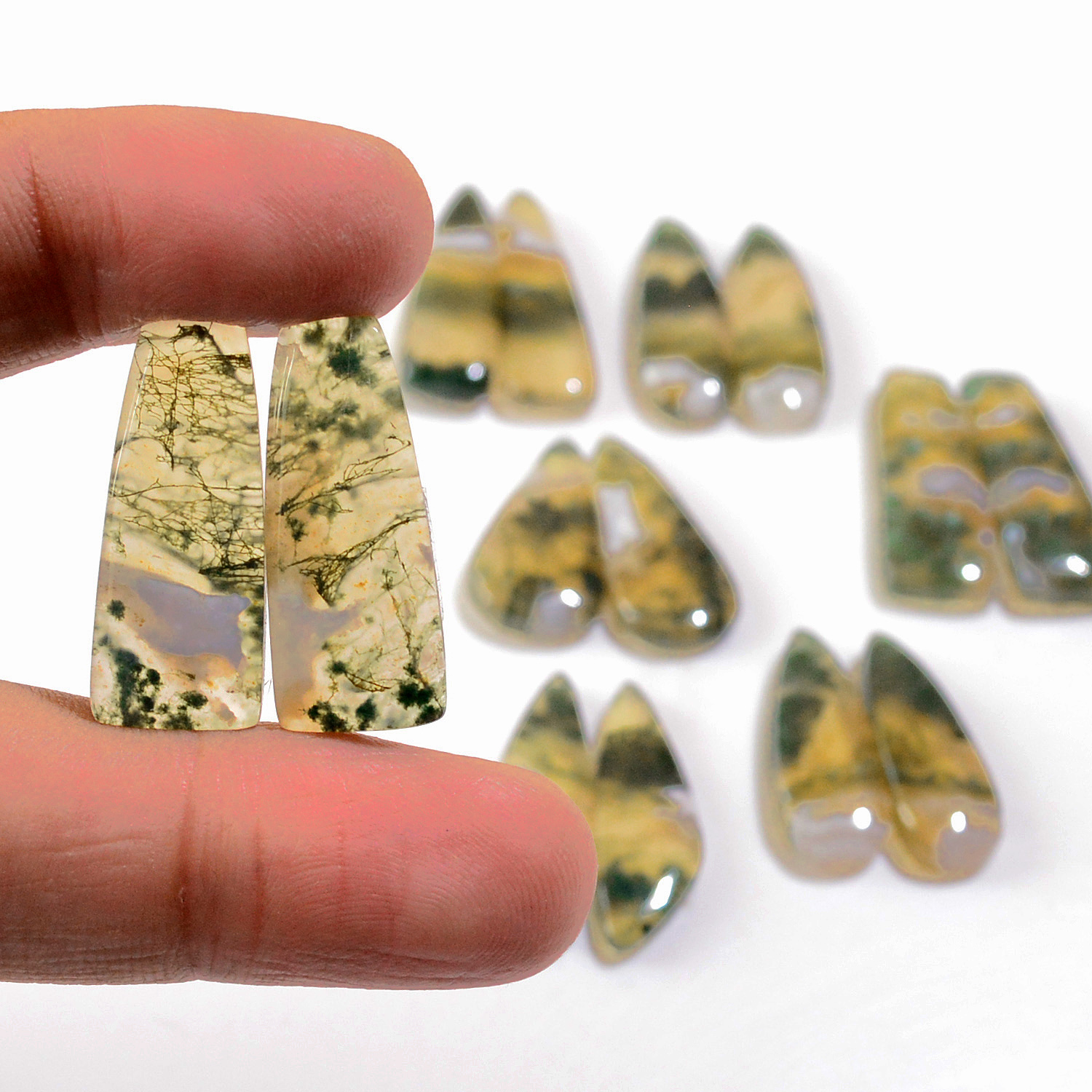 7 Pairs 147 Cts Natural Green Moss Agate Cabochon Gemstone Earrings Pairs Lot 28x7 23x8mm 18770