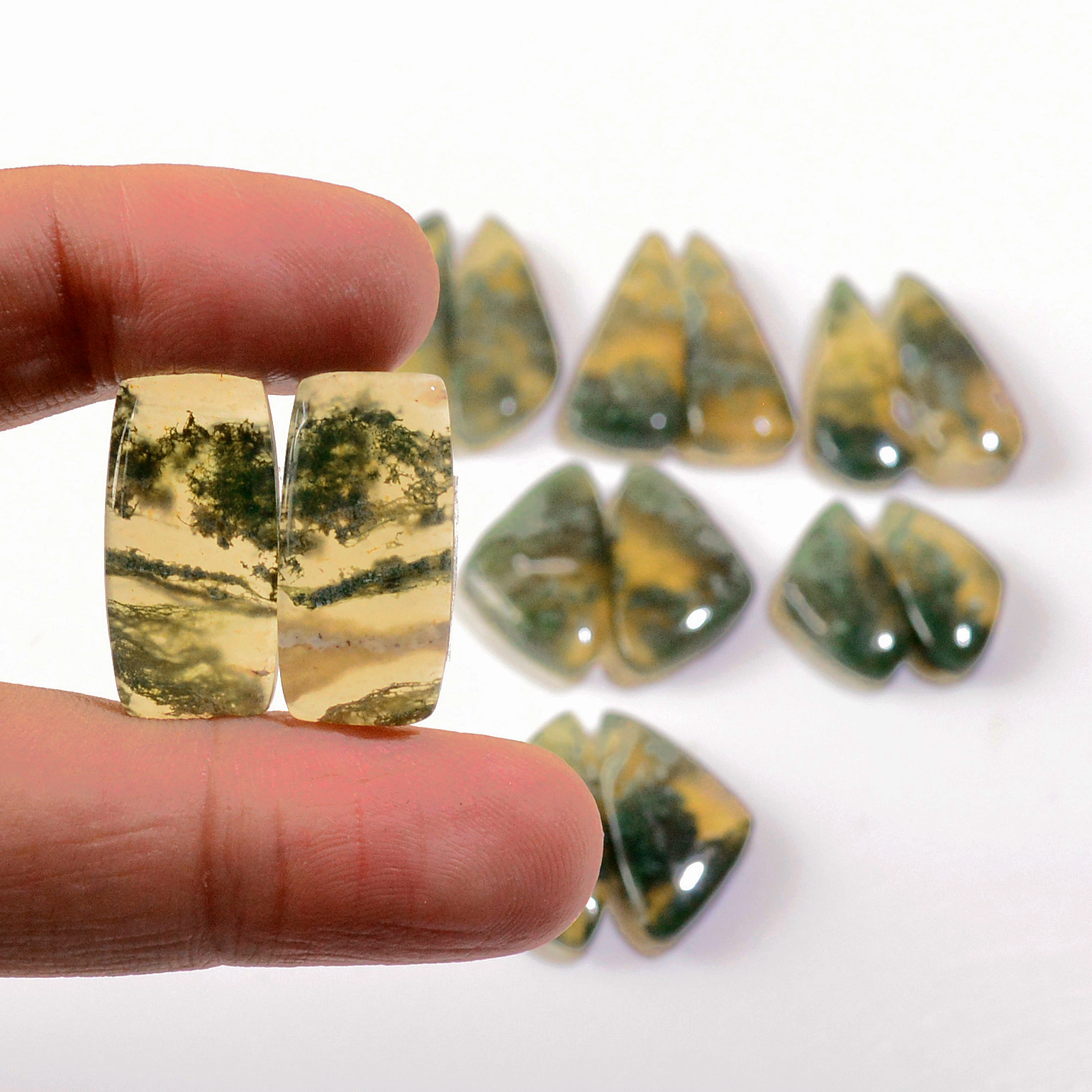 7 Pairs 145 Cts Natural Green Moss Agate Cabochon Gemstone Earrings Pairs Lot 30x9 19x9mm 18771