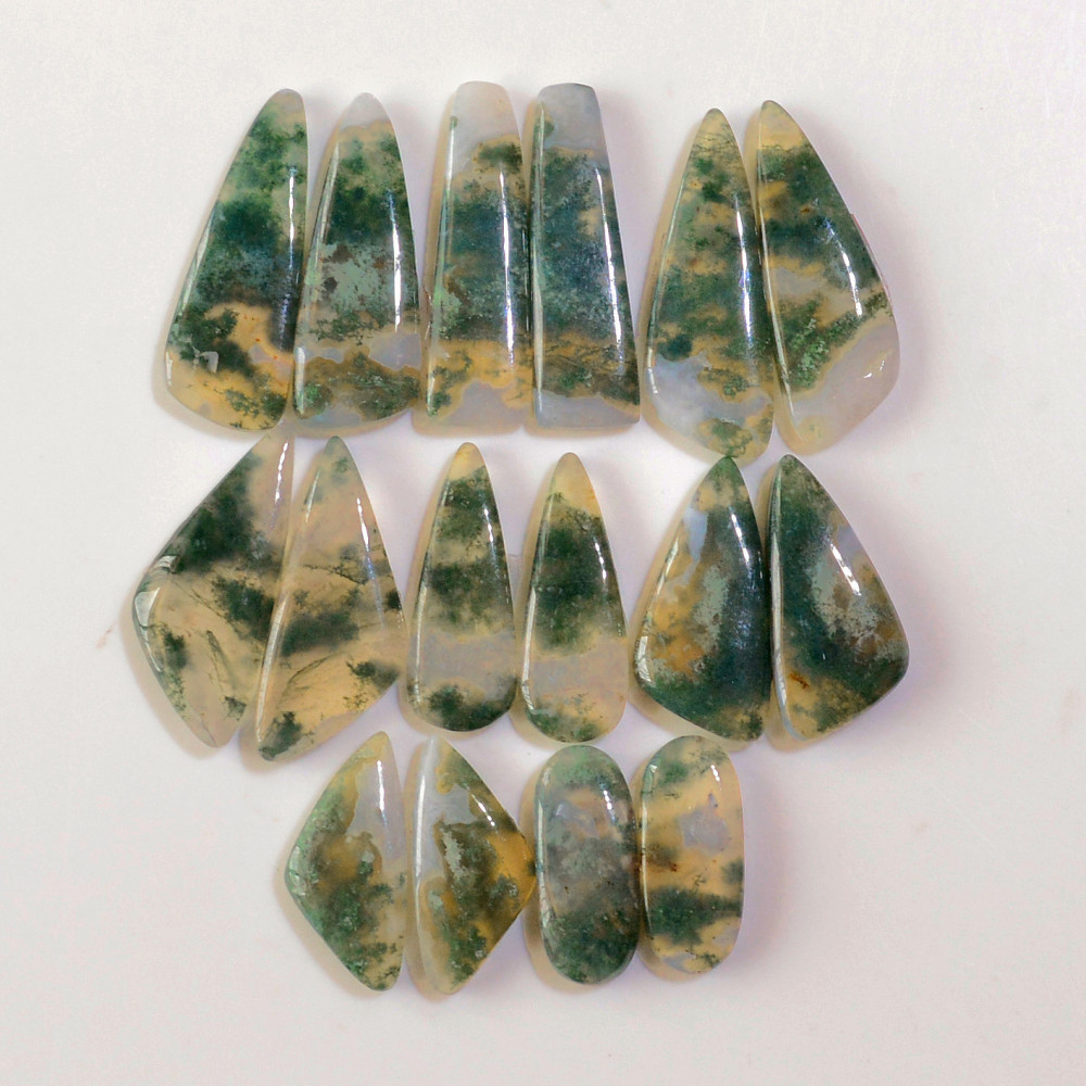 Image of 8 Pairs 176 Cts Natural Green Moss Agate Cabochon Gemstone Earrings Pairs Lot 31x9 19x7mm #18774