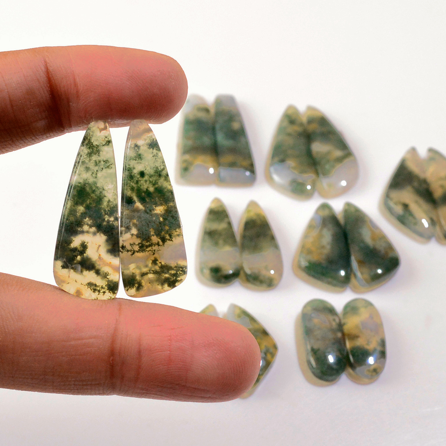 8 Pairs 176 Cts Natural Green Moss Agate Cabochon Gemstone Earrings Pairs Lot 31x9 19x7mm 18774