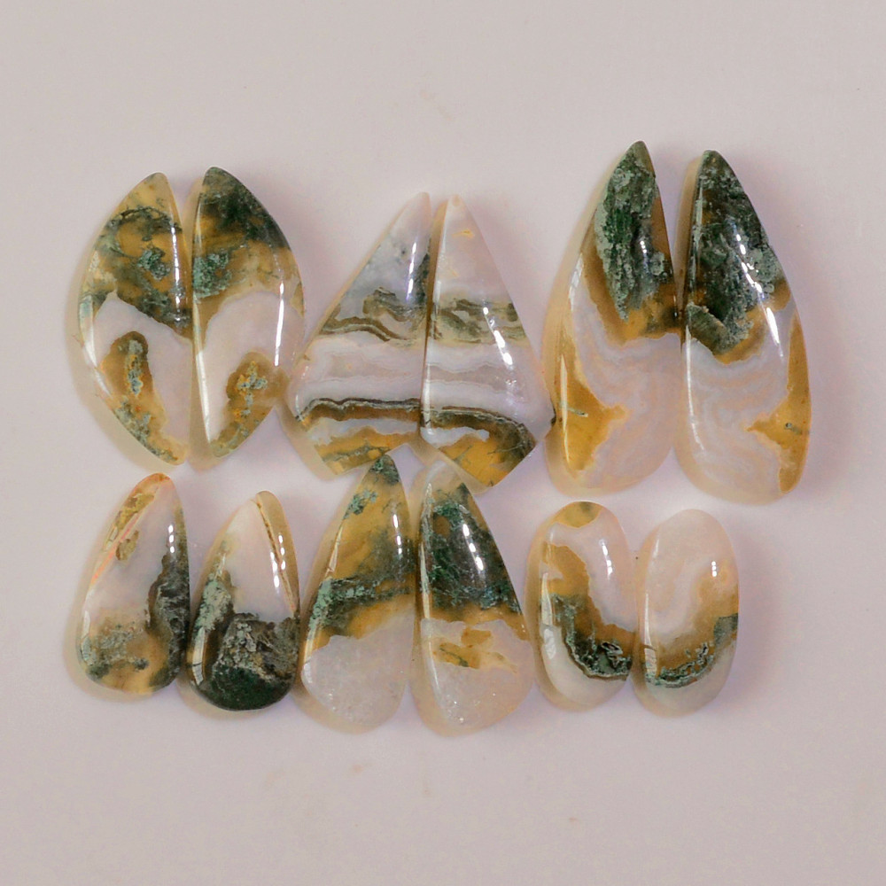 Image of 6 Pairs 128 Cts Natural Green Moss Agate Cabochon Gemstone Earrings Pairs Lot 32x10 18x7mm #18775