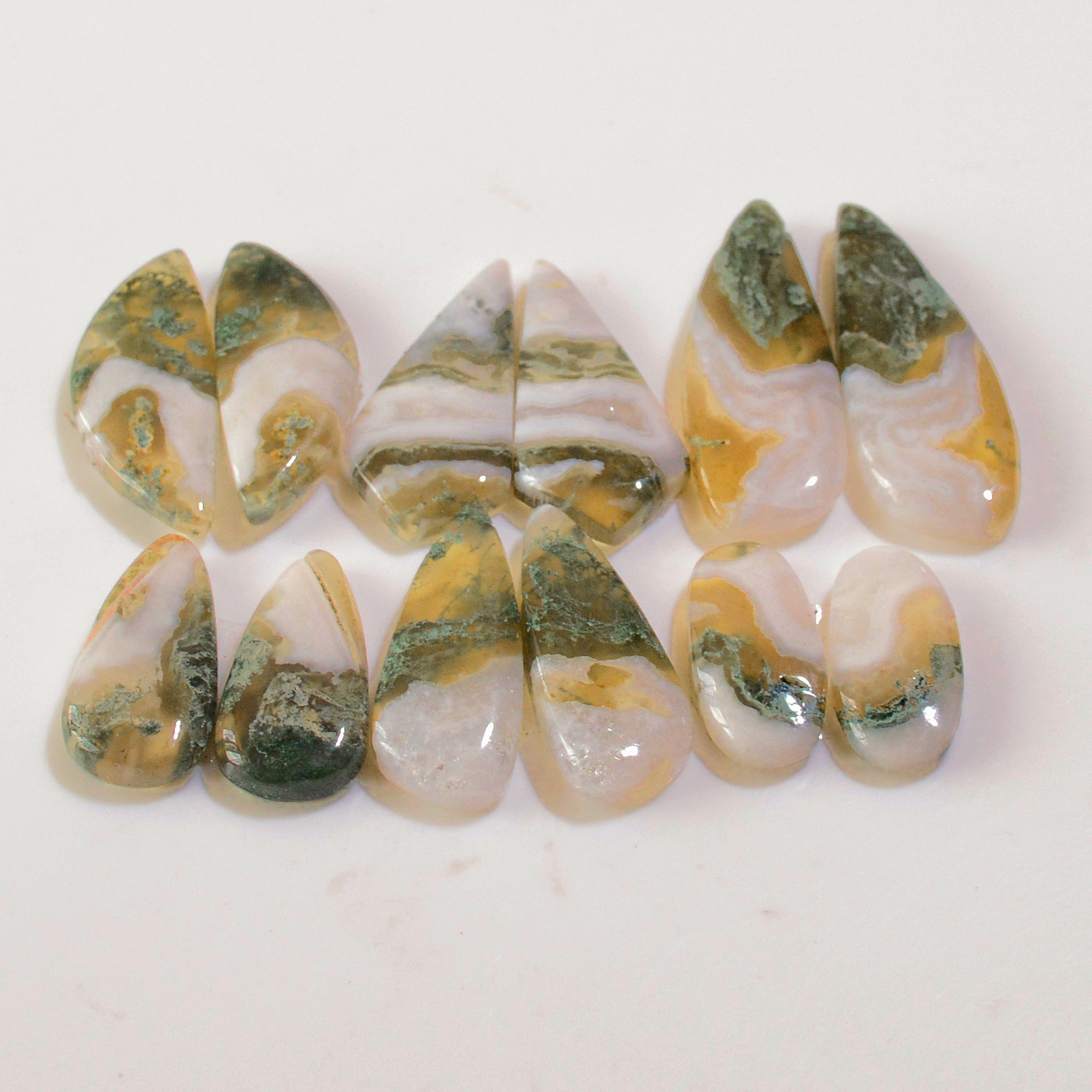 6 Pairs 128 Cts Natural Green Moss Agate Cabochon Gemstone Earrings Pairs Lot 32x10 18x7mm 18775
