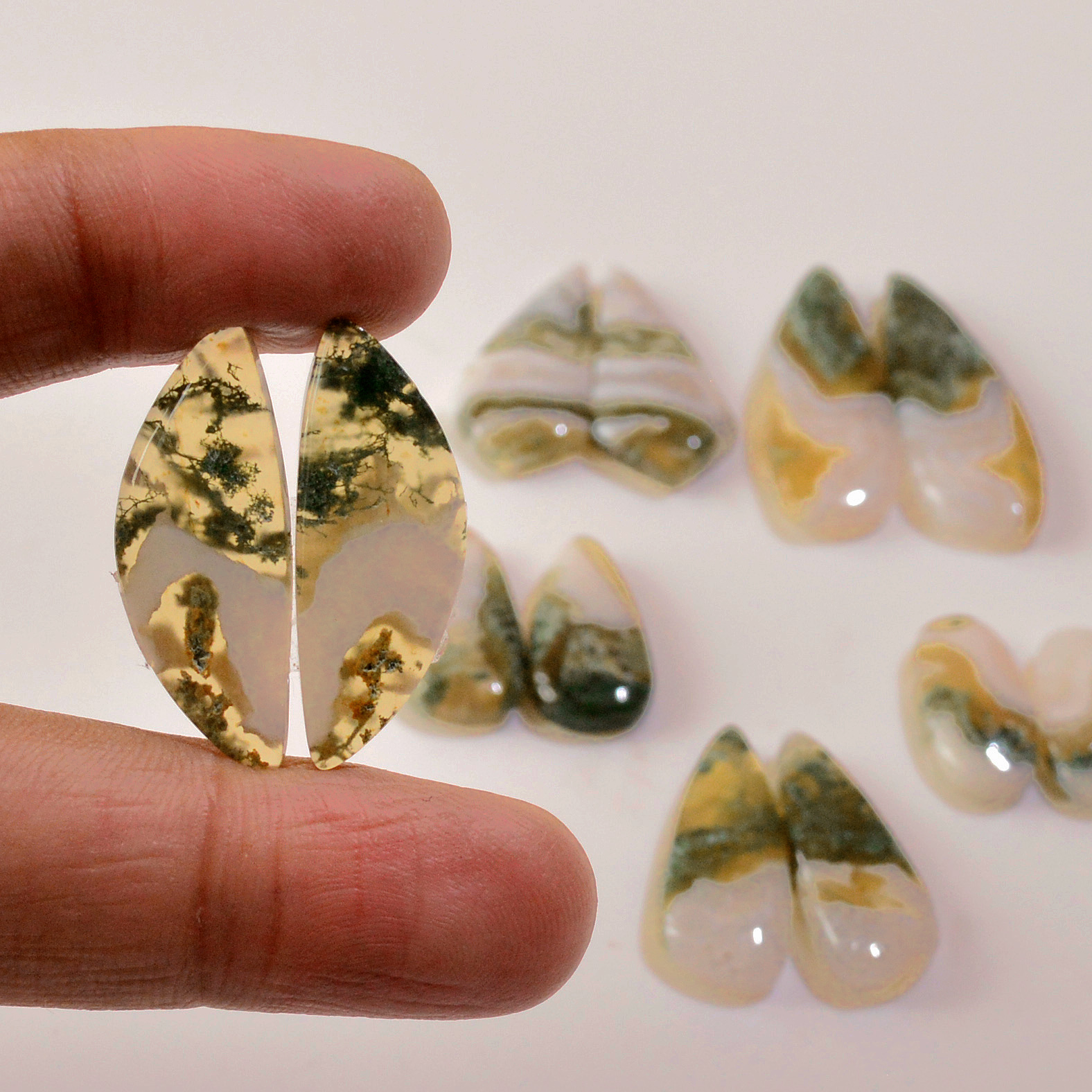 6 Pairs 128 Cts Natural Green Moss Agate Cabochon Gemstone Earrings Pairs Lot 32x10 18x7mm 18775