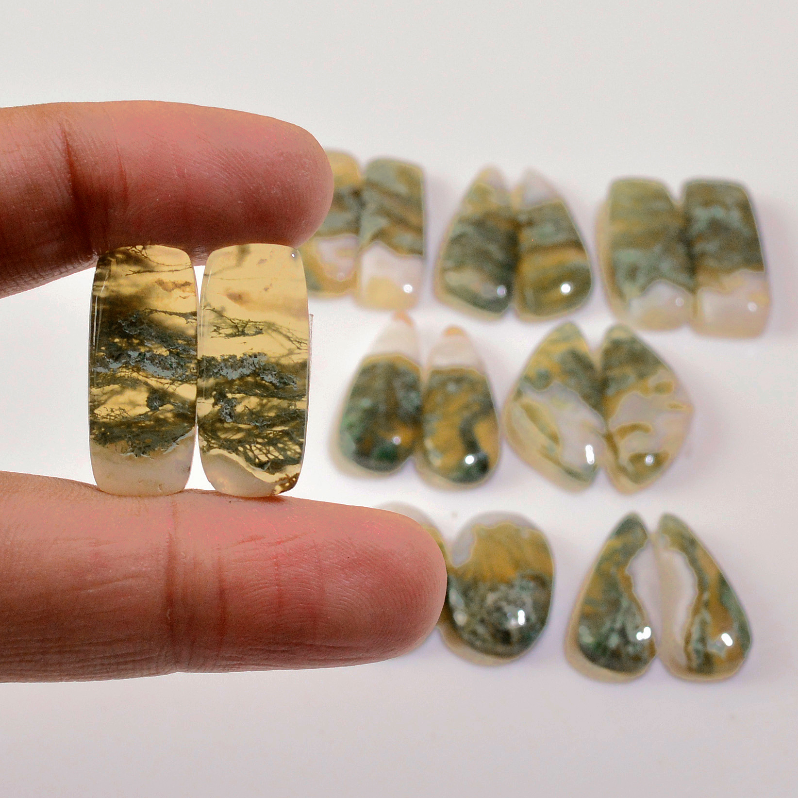 8 Pairs 159 Cts Natural Green Moss Agate Cabochon Gemstone Earrings Pairs Lot 26x8 21x8mm 18776