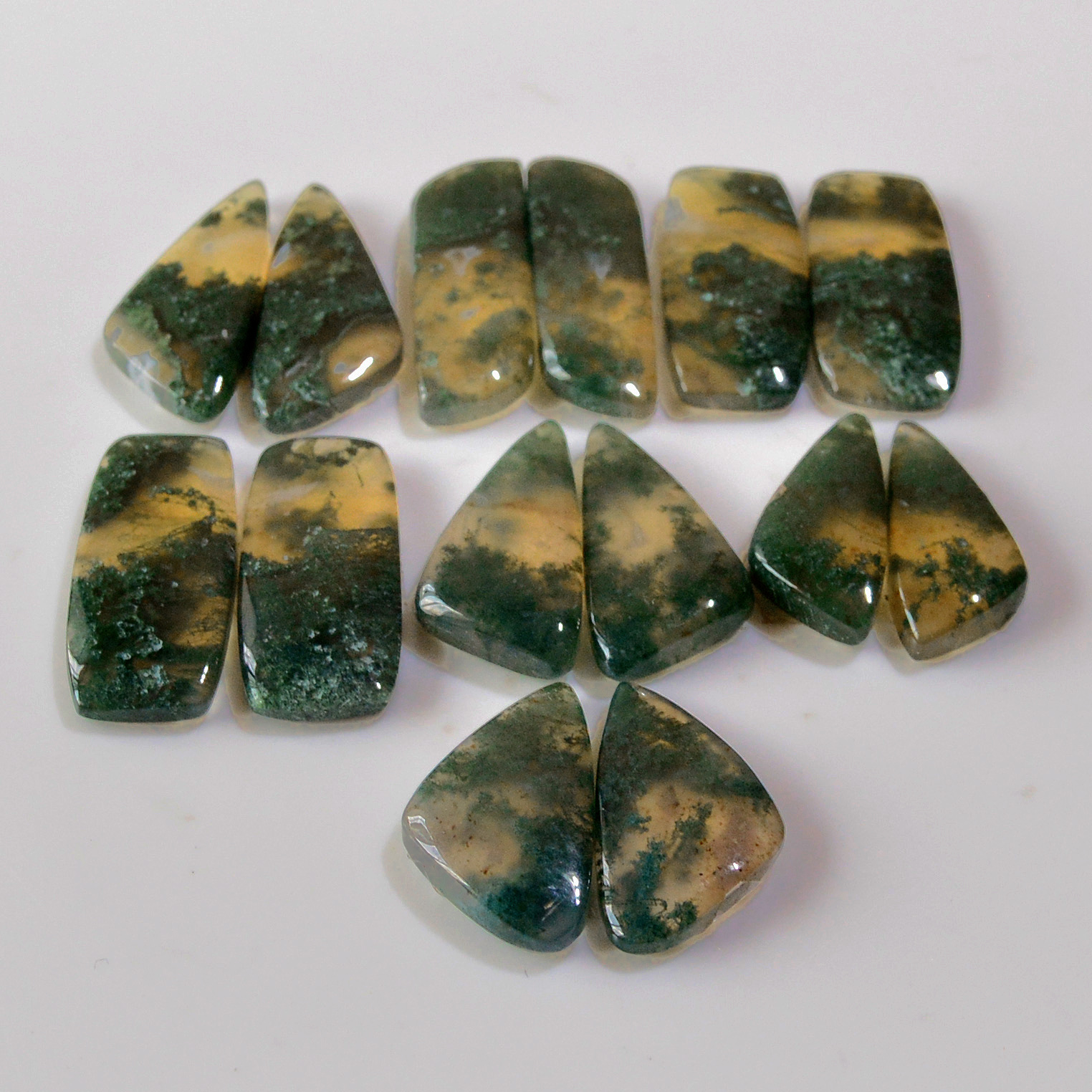 7 Pairs 148 Cts Natural Green Moss Agate Cabochon Gemstone Earrings Pairs Lot 26x8 20x8mm 18777