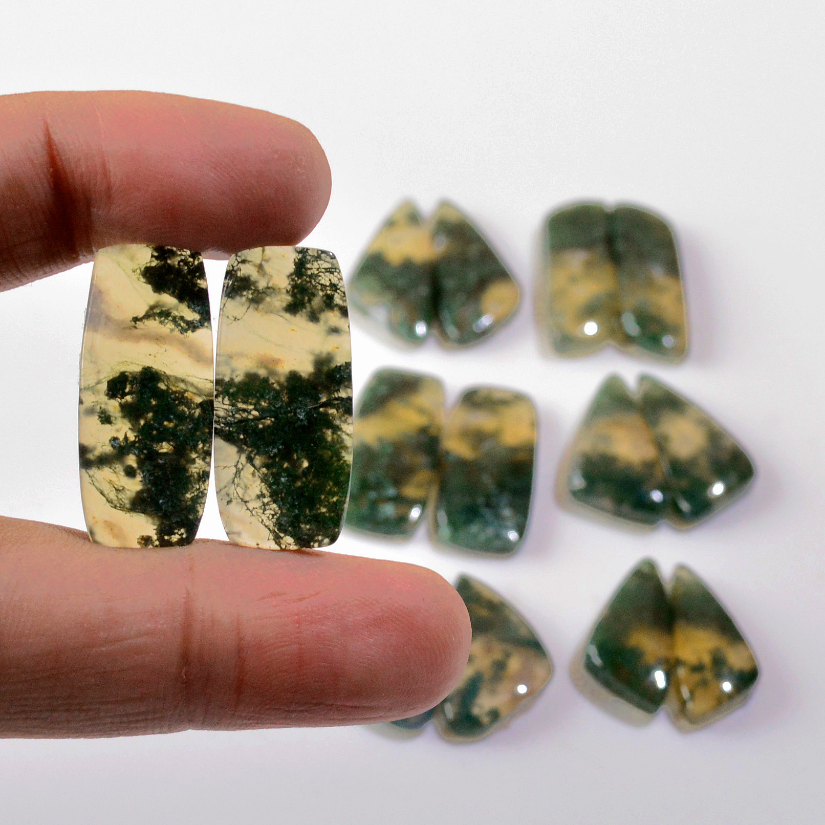 7 Pairs 148 Cts Natural Green Moss Agate Cabochon Gemstone Earrings Pairs Lot 26x8 20x8mm 18777