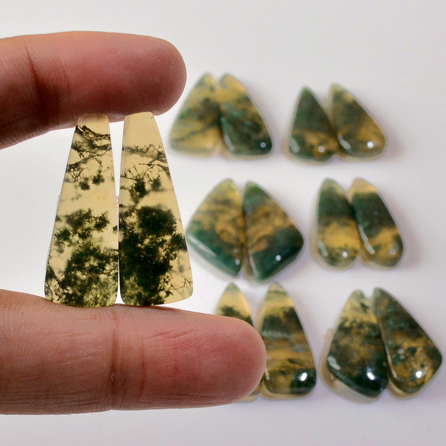 7 Pairs 134 Cts Natural Green Moss Agate Cabochon Gemstone Handmade Earrings Pairs Lot 28x9 23x7mm 18778