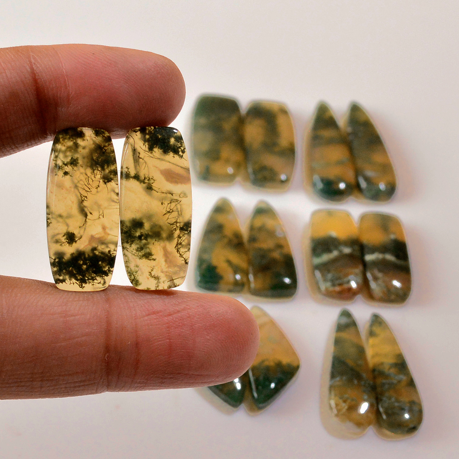 7 Pairs 170 Cts Natural Green Moss Agate Cabochon Gemstone Hnadmade Earrings Pairs Lot 28x8 22x9mm 18779