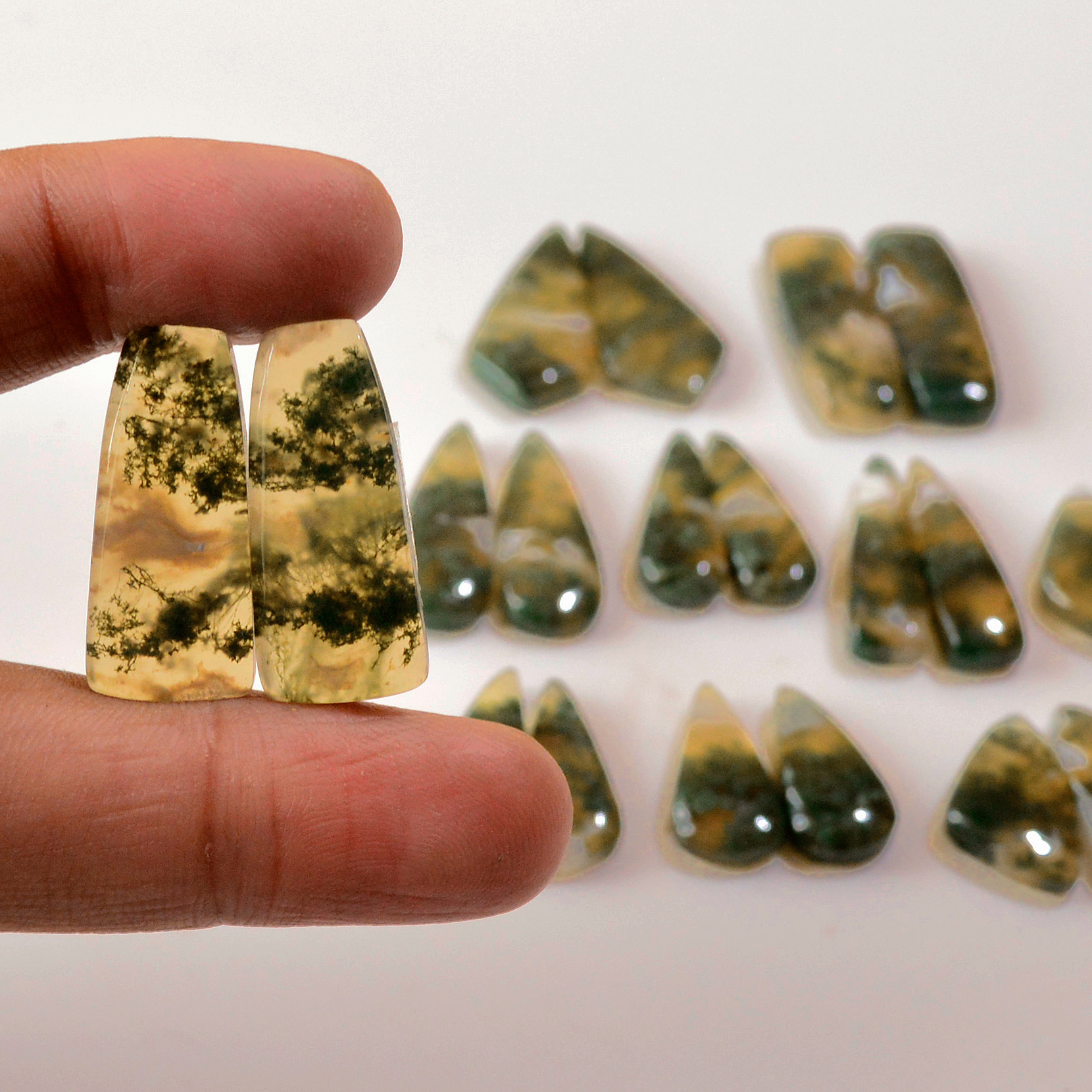 10 Pairs 206 Cts Natural Green Moss Agate Cabochon Gemstone Hnadmade Earrings Pairs Lot 27x8 19x8mm 18780