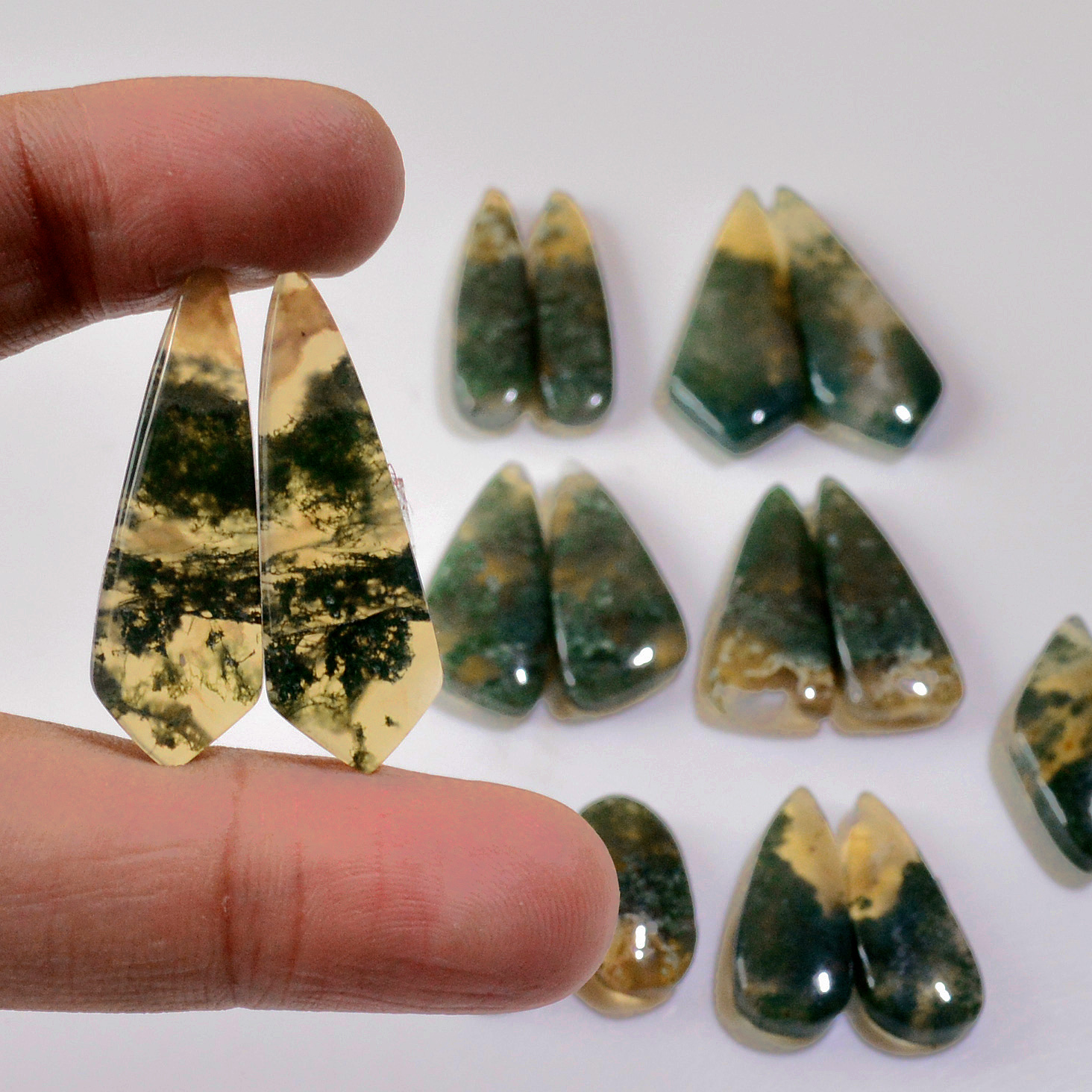 8 Pairs 187 Cts Natural Green Moss Agate Cabochon Gemstone Hnadmade Earrings Pairs Lot 35x12 17x9mm 18781