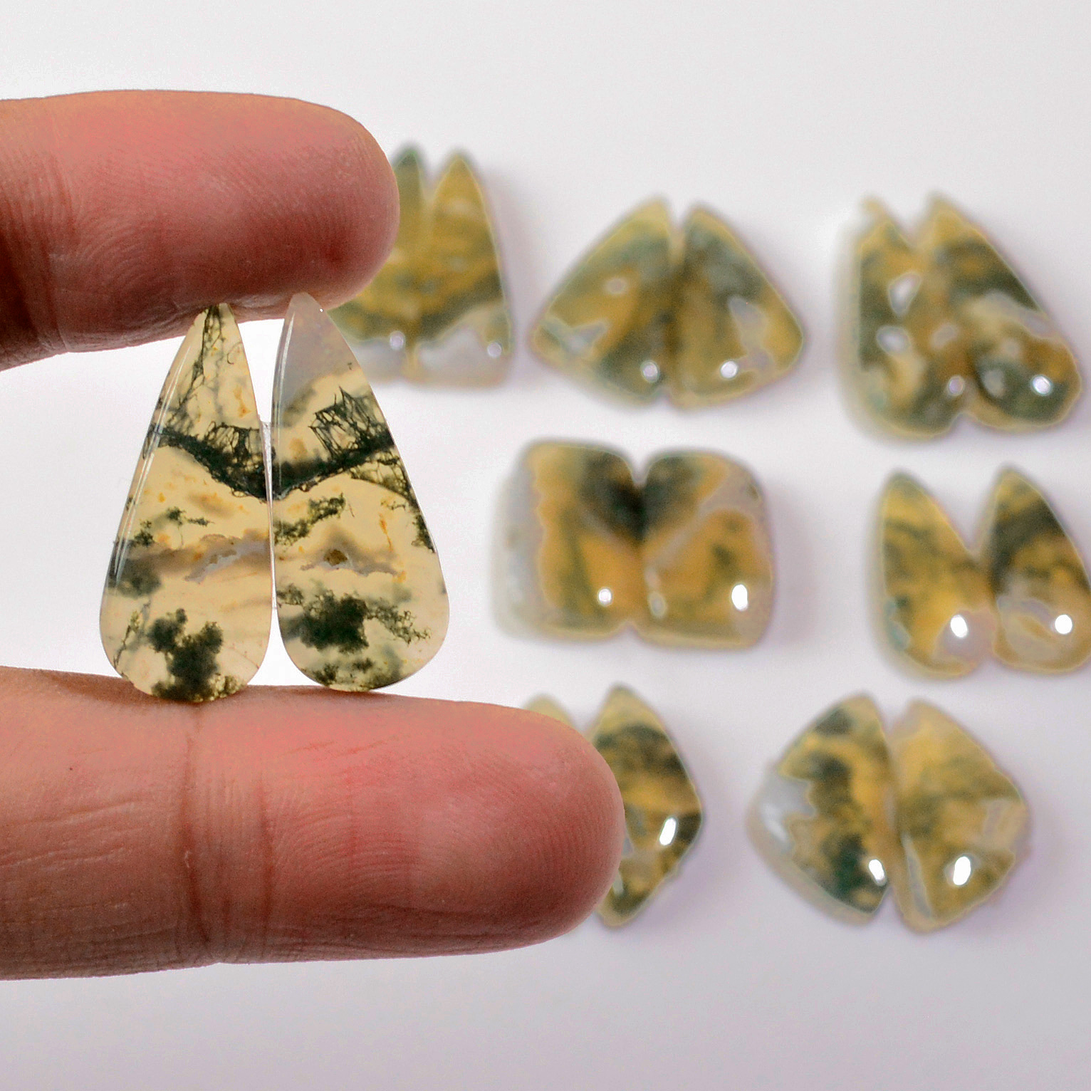 8 Pairs 138 Cts Natural Green Moss Agate Cabochon Gemstone Hnadmade Earrings Pairs Lot 27x8 20x7mm 18782