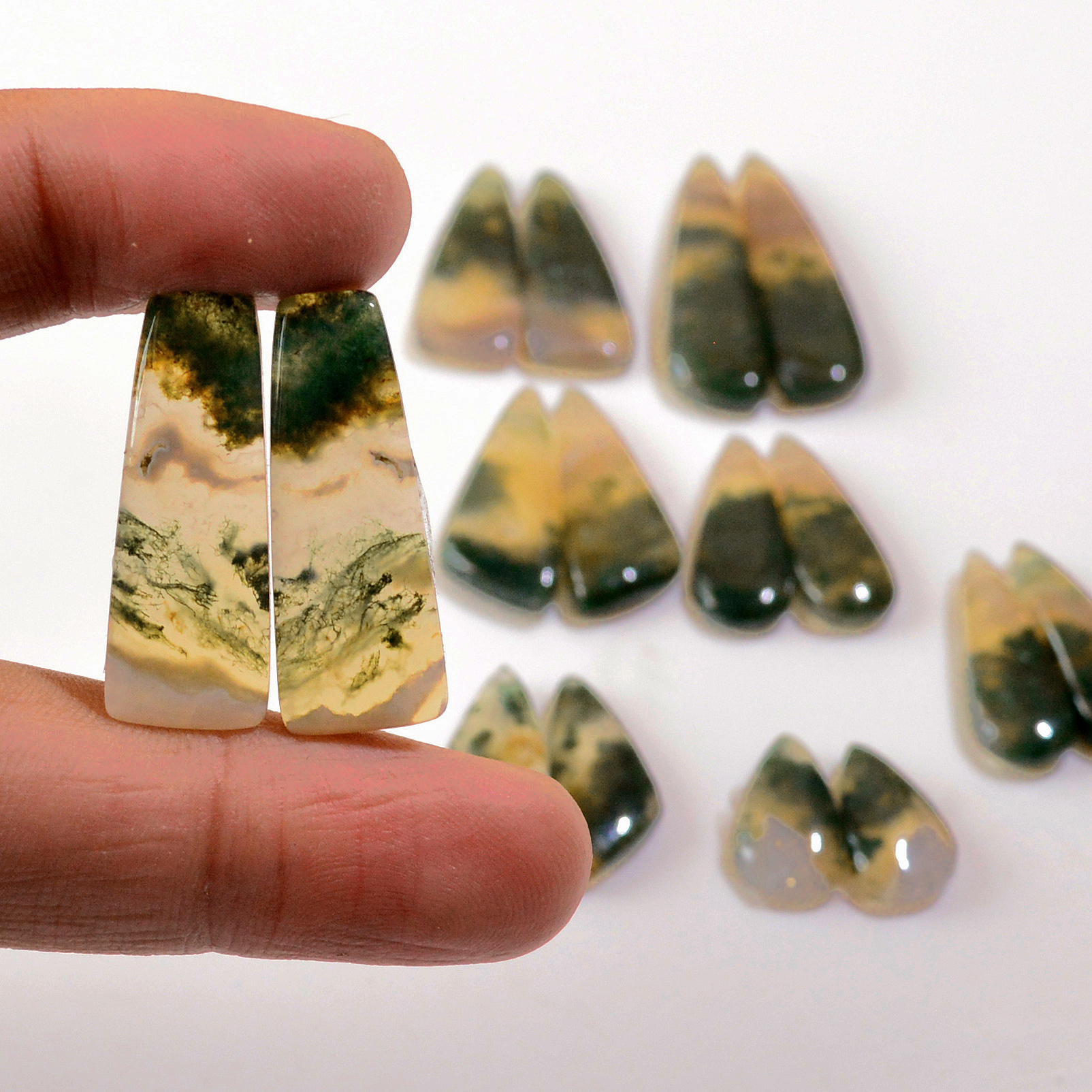 8 Pairs 163 Cts Natural Moss Agate Cabochon Earrings Pairs For Silver Gemstone Jewelry  32x9 18x7mm 18883