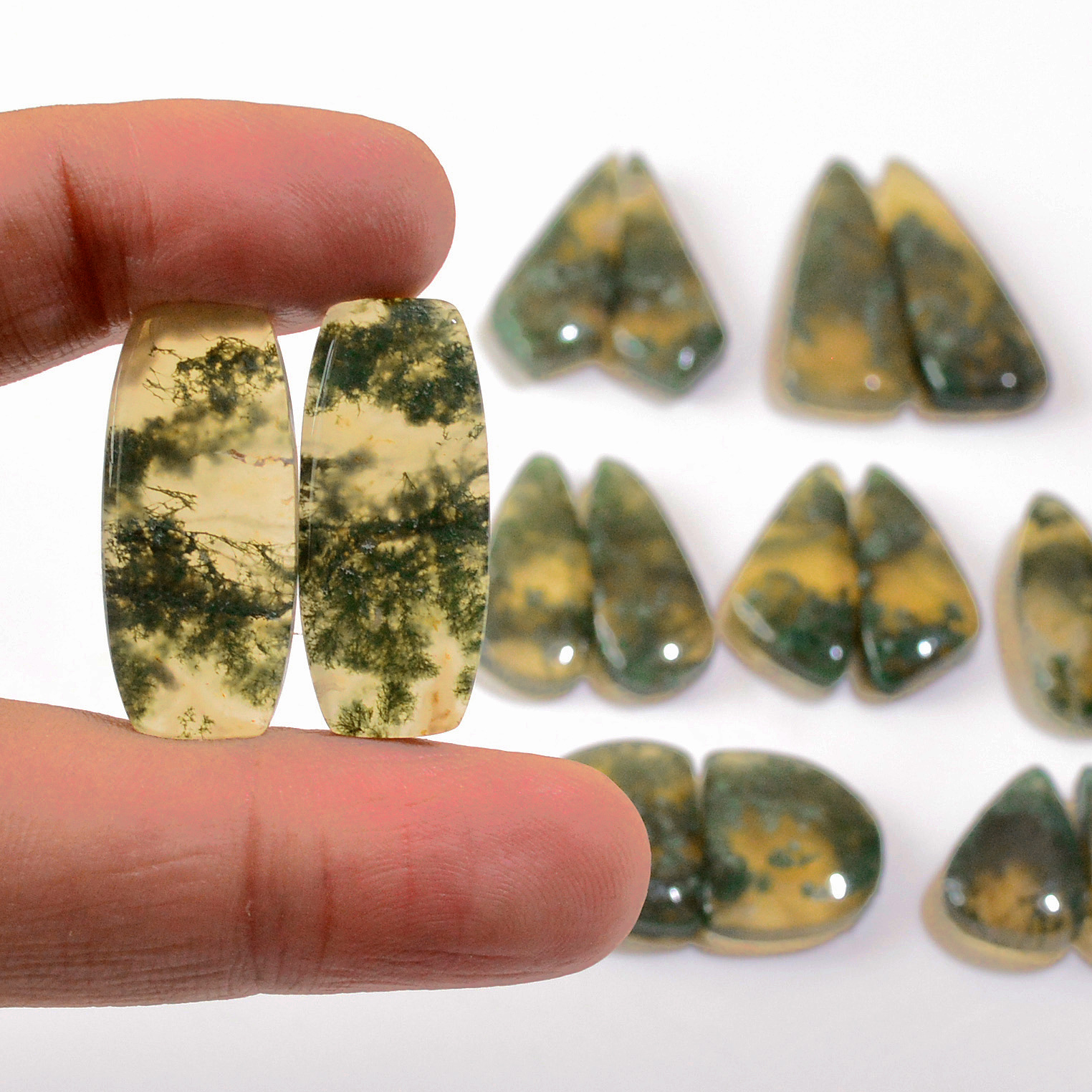 8 Pairs 144 Cts Natural Moss Agate Cabochon Earrings Pairs For Silver Gemstone Jewelry  33x11 15x8mm 18884
