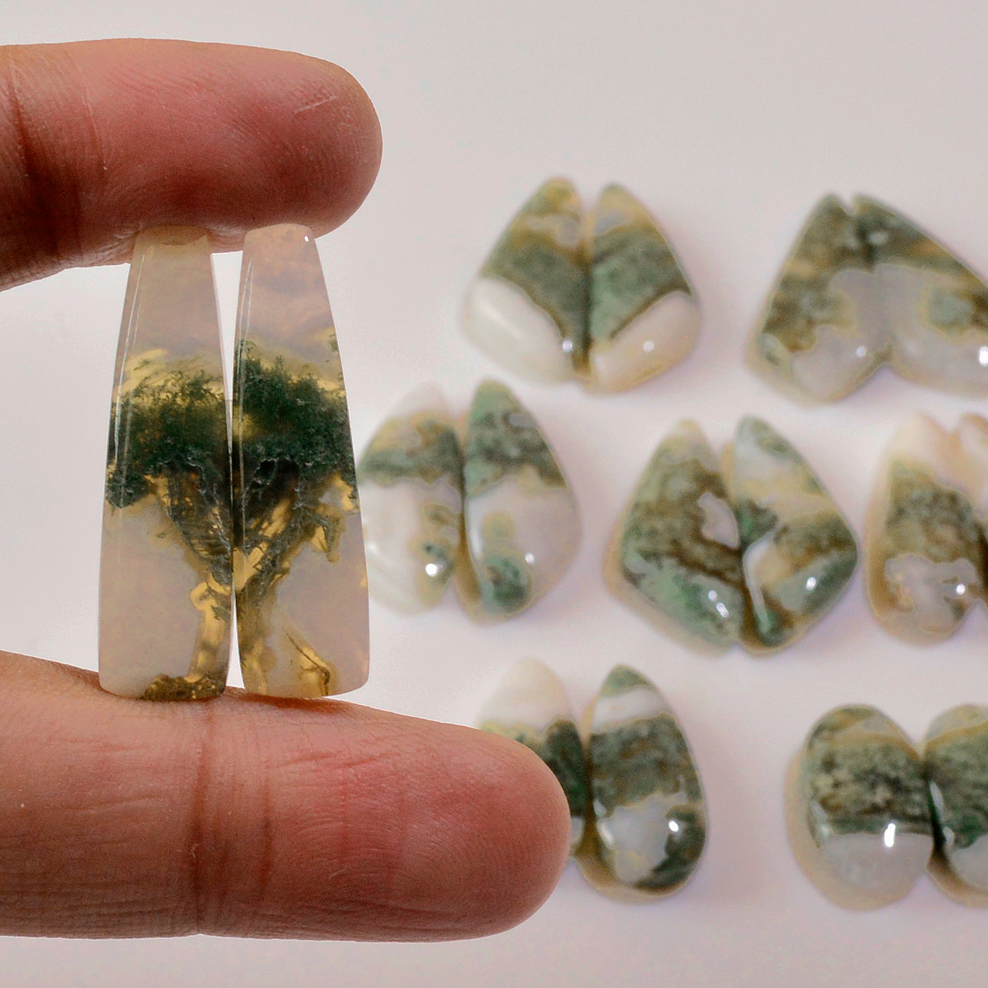 8 Pairs 159 Cts Natural Green Moss Agate Cabochon Gemstone Hnadmade Earrings Pairs Lot 30x7 17x8mm 18785