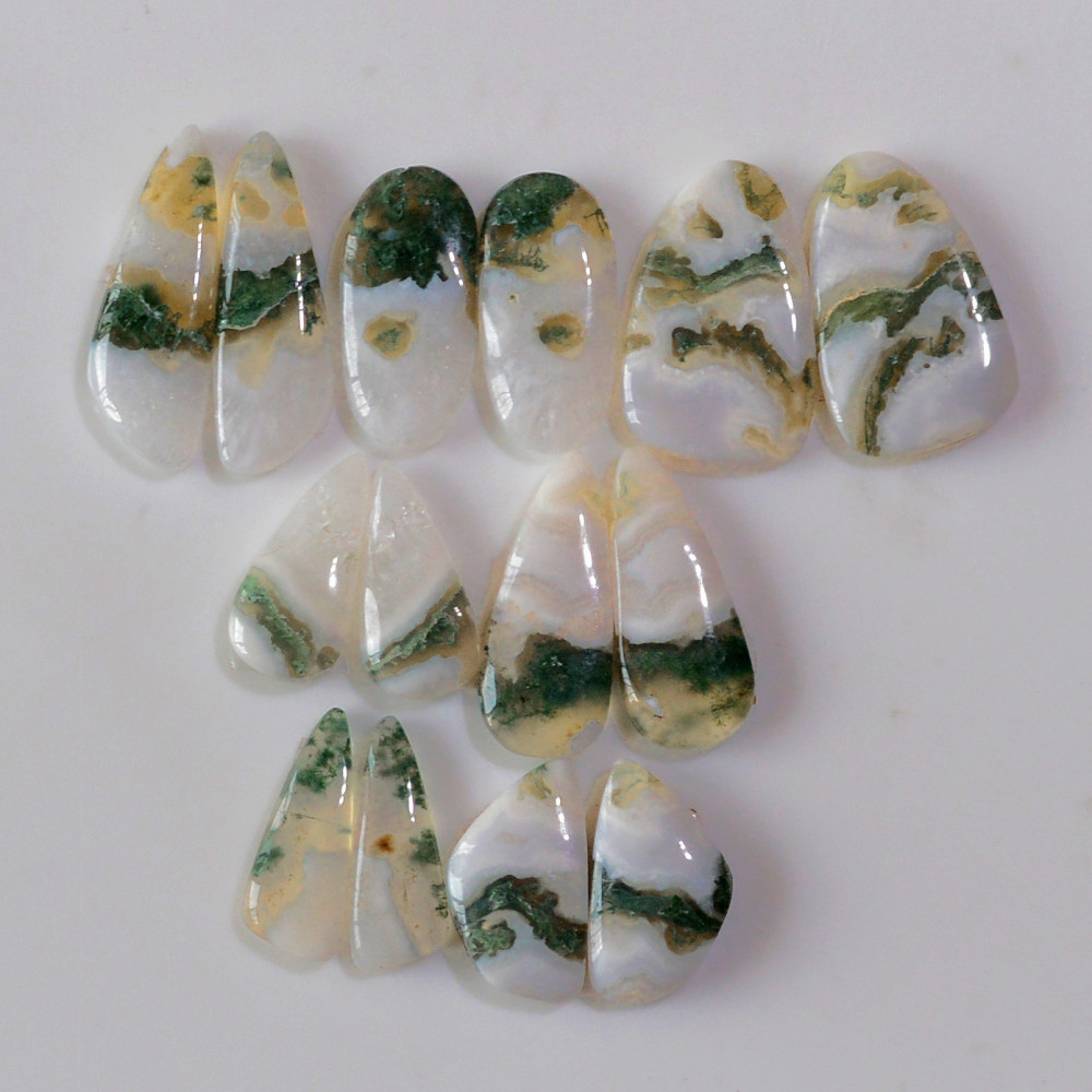 Image of 7 Pairs 162 Cts Natural Green Moss Agate Cabochon Gemstone Handmade Earrings Pairs Lot 30x7 17x9mm #18786