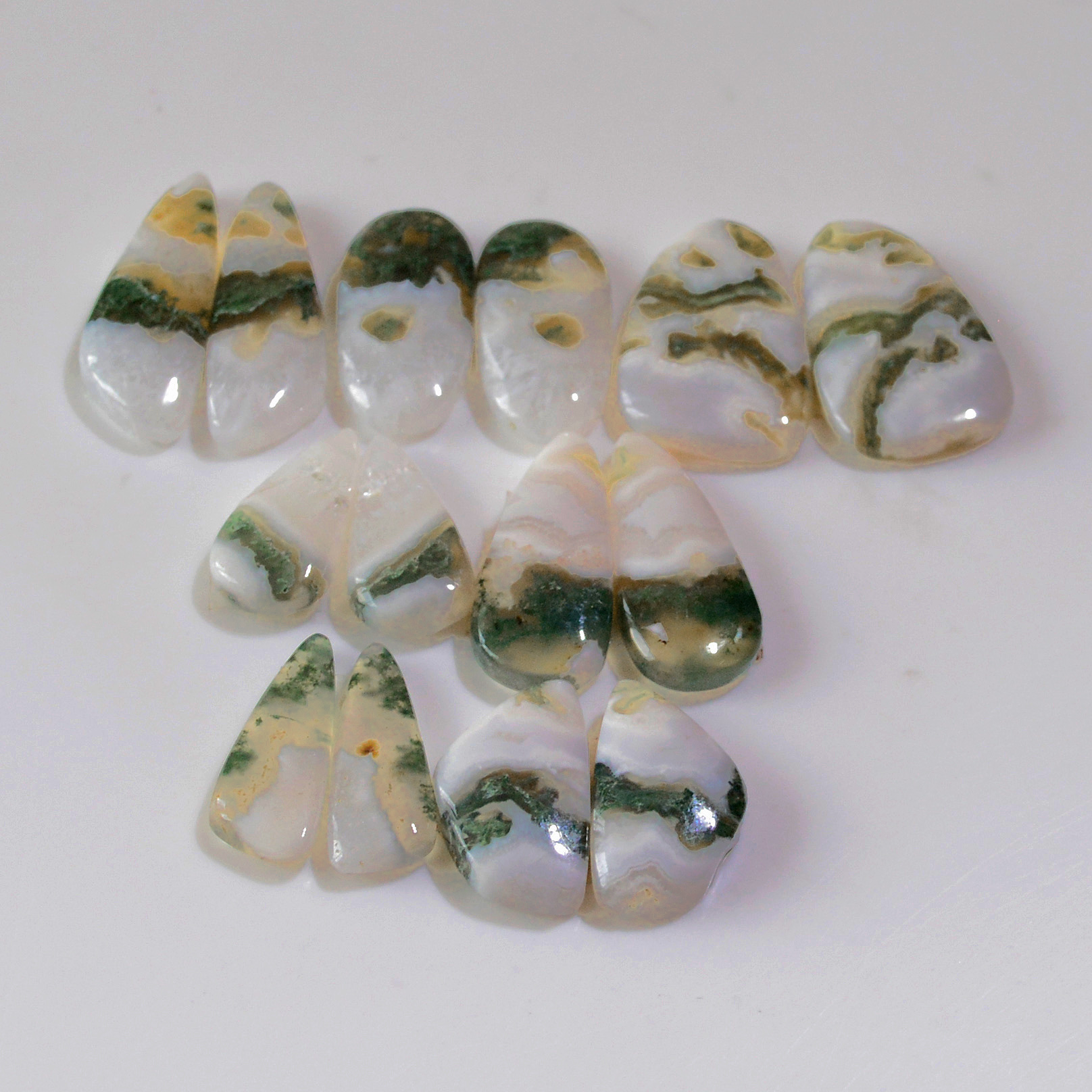 7 Pairs 162 Cts Natural Green Moss Agate Cabochon Gemstone Handmade Earrings Pairs Lot 30x7 17x9mm 18786