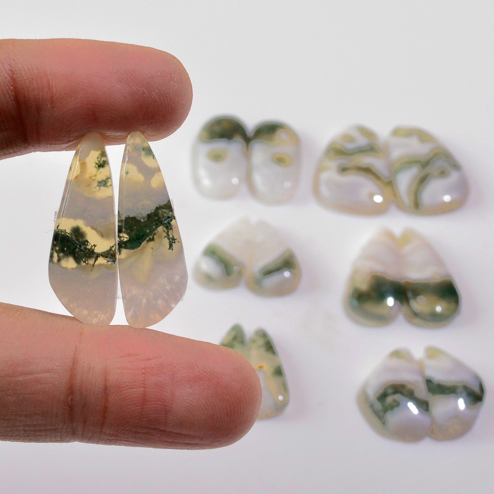 7 Pairs 162 Cts Natural Green Moss Agate Cabochon Gemstone Handmade Earrings Pairs Lot 30x7 17x9mm 18786