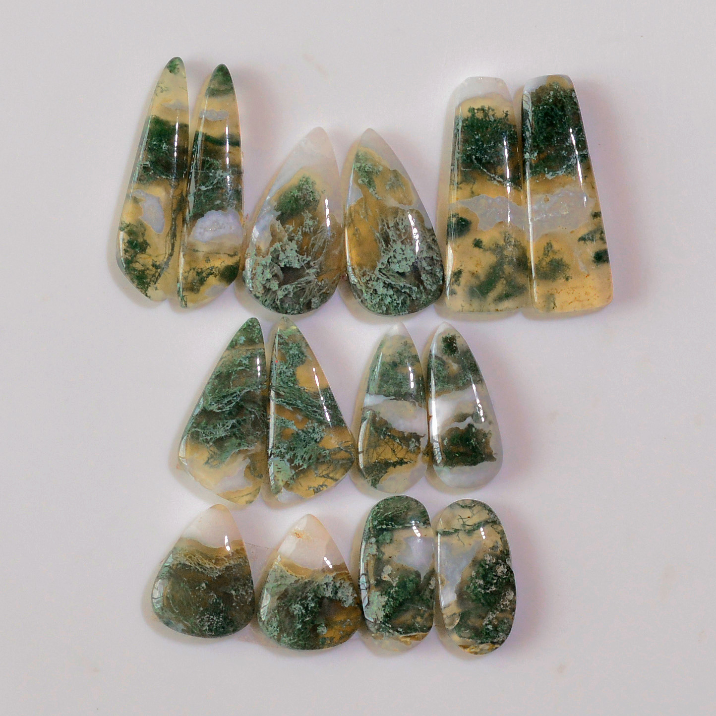 7 Pairs 127 Cts Natural Green Moss Agate Cabochon Gemstone Handmade Earrings Pairs Lot 29x7 22x10mm 18788