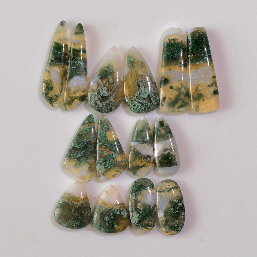 Image of 7 Pairs 127 Cts Natural Green Moss Agate Cabochon Gemstone Handmade Earrings Pairs Lot 29x7 22x10mm #18788
