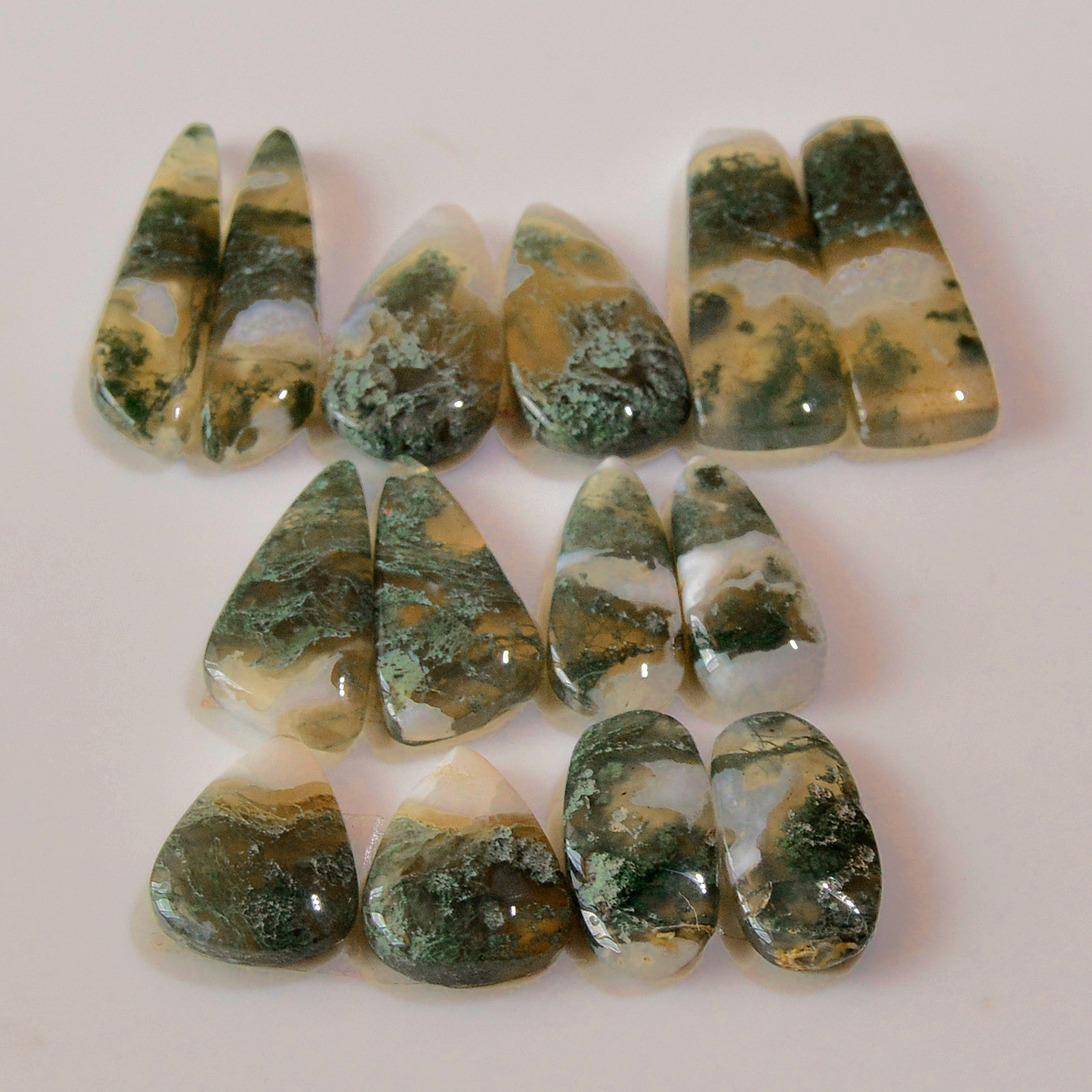 7 Pairs 127 Cts Natural Green Moss Agate Cabochon Gemstone Handmade Earrings Pairs Lot 29x7 22x10mm 18788