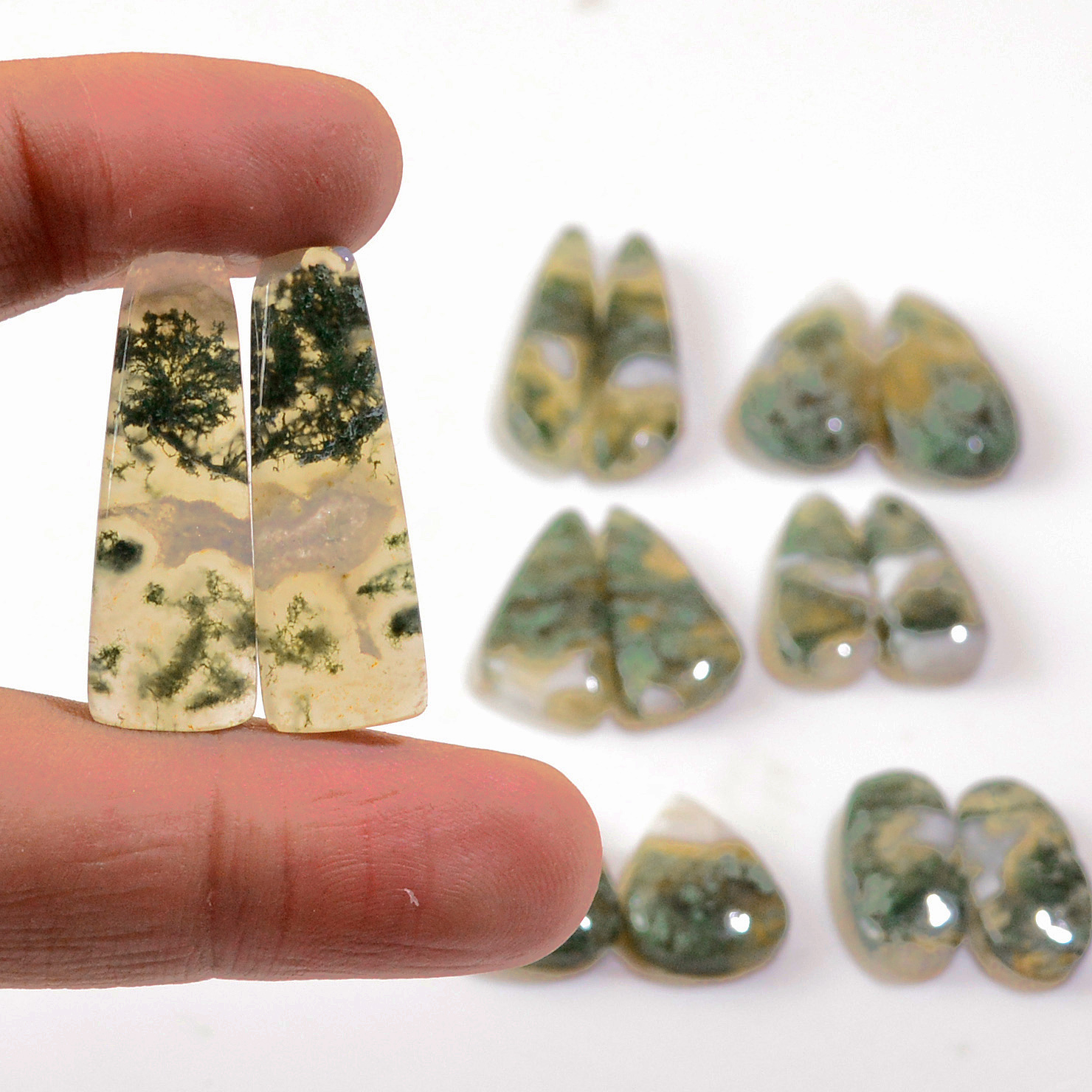 7 Pairs 127 Cts Natural Green Moss Agate Cabochon Gemstone Handmade Earrings Pairs Lot 29x7 22x10mm 18788