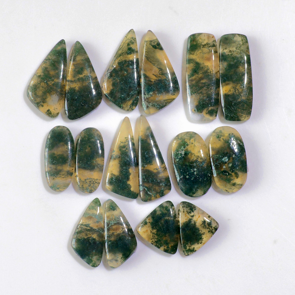 Image of 8 Pairs 150 Cts Natural Green Moss Agate Cabochon Gemstone Handmade Earrings Pairs Lot 27x9 15x11mm #18790