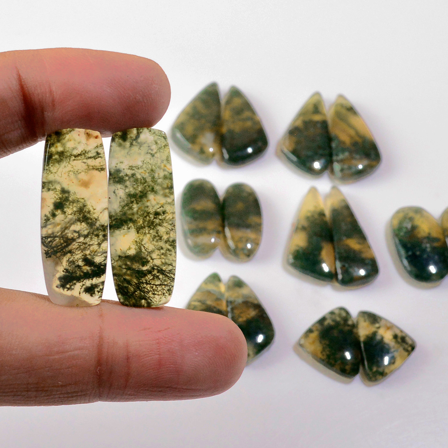 8 Pairs 150 Cts Natural Green Moss Agate Cabochon Gemstone Handmade Earrings Pairs Lot 27x9 15x11mm 18790