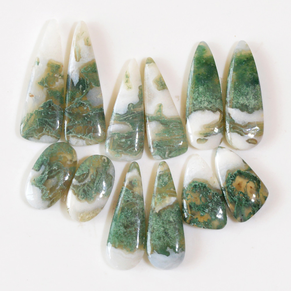 Image of 6 Pairs 149 Cts Natural Green Moss Agate Cabochon Gemstone Hnadmade Earrings Pairs Lot 32x9 16x8mm #18793