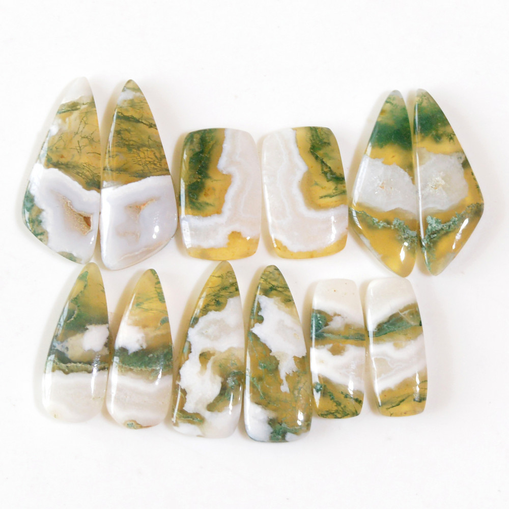 Image of 6 Pairs 131 Cts Natural Green Moss Agate Cabochon Gemstone Dangle Earrings Pairs Lot 28x10 20x6mm #18795