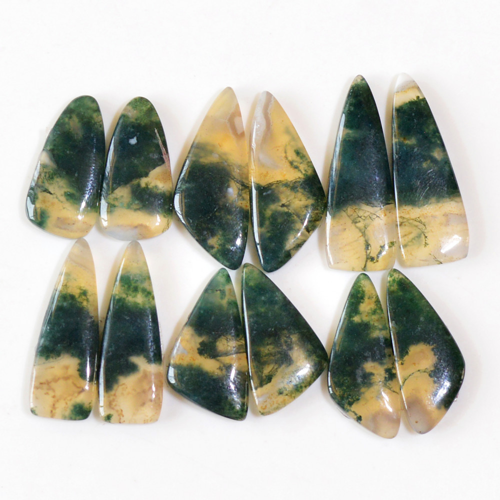 Image of 6 Pairs 113 Cts Natural Green Moss Agate Cabochon Gemstone Dangle Earrings Pairs Lot 29x9 21x9mm #18807